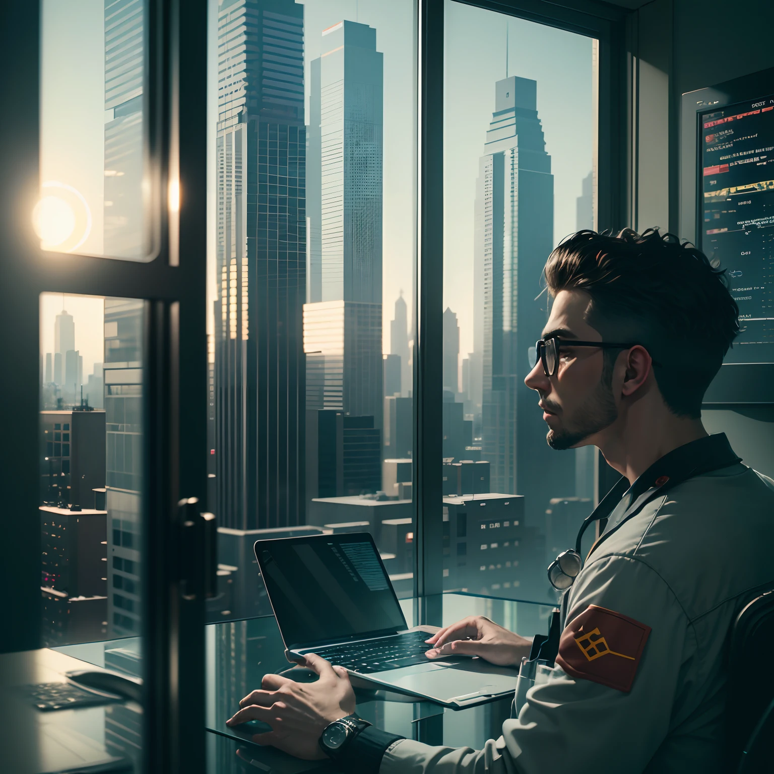 Stock traders, Postmodern,  Inside the apartment, Look through the glass window, Cidade futuristica, Strategist look, laptop, Cinematic, Ultra photo realsisim, highly  detailed (tmasterpiece)  Inside the machine shop