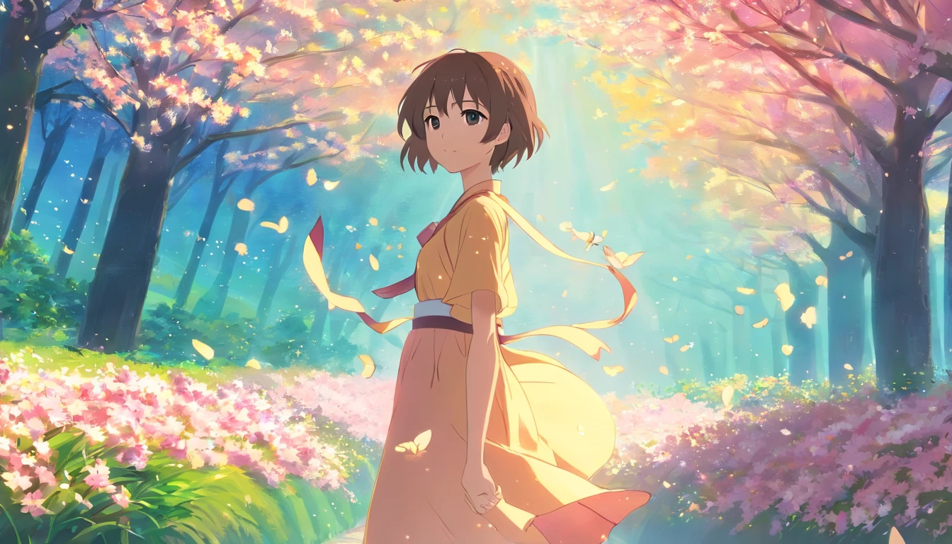 masterpice, (Best quality), ((best detail)), Depth of field, A beautiful girl, Beautiful face, Nature, Spirit, Blossom, Colorful scenery, Flowers, butterflys, glowing dress, element in