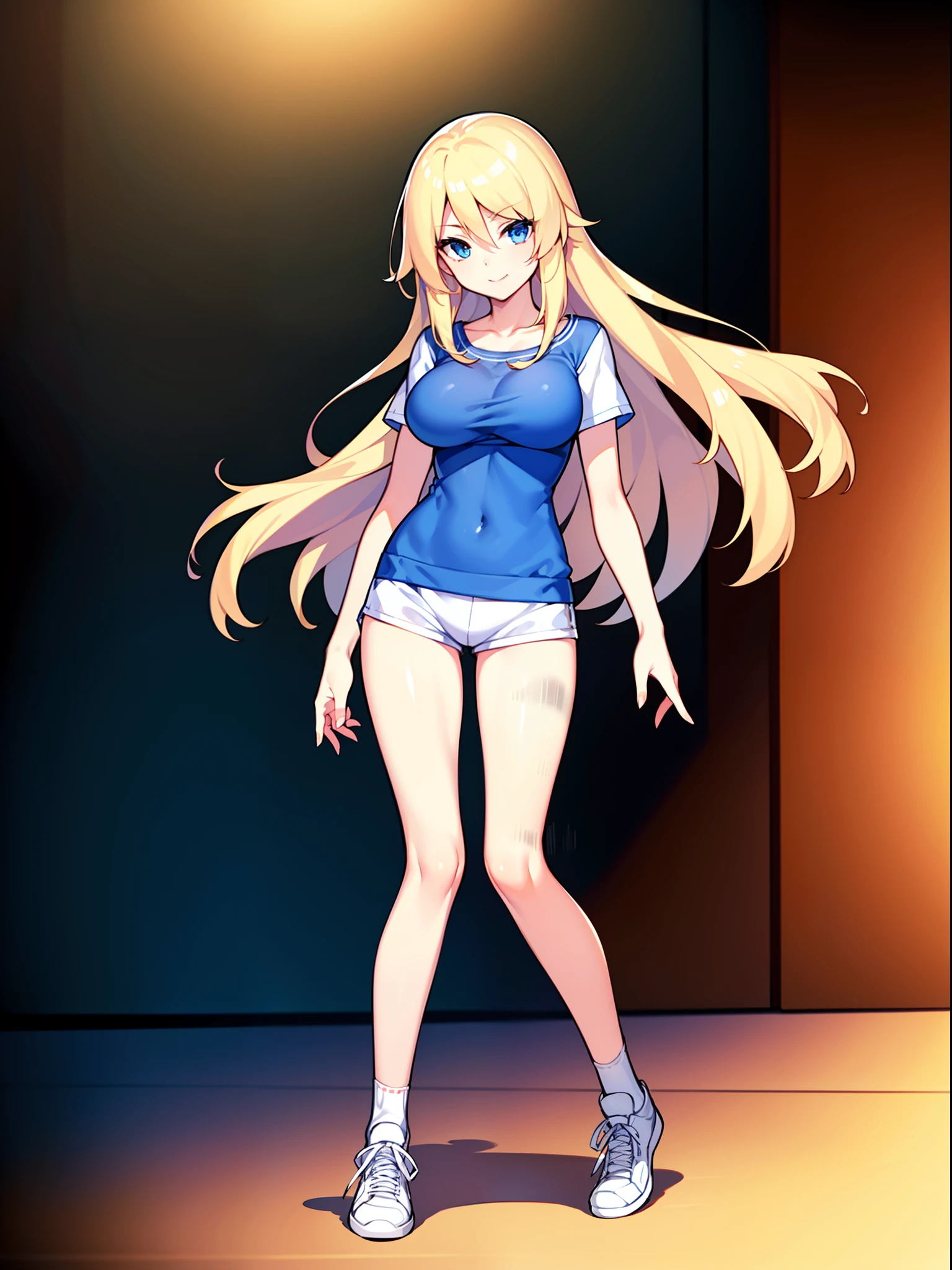 very extremely beautiful, Energetic, cheerful, Slender, showy, Sexy, blue-eyed, cute long-legged smiling blonde 17 years old, with long, lush, shiny hair, with large elastic breasts, The Hidden Exhibitionist, in a T-shirt shortened to the bottom of the chest, in depraved ultra-short shorts, in long socks and white sneakers, full-length photo, Anatomically realistic, As much detail as possible, high texture