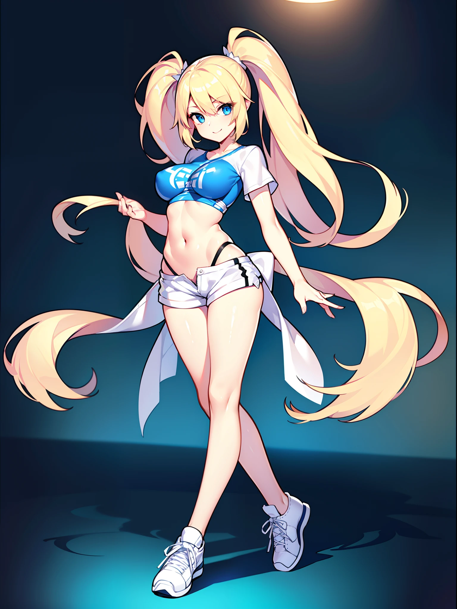 very extremely beautiful, Energetic, cheerful, Slender, showy, Sexy, blue-eyed, cute long-legged smiling blonde 17 years old, with long, lush, shiny hair, with large elastic breasts, The Hidden Exhibitionist, in a T-shirt shortened to the bottom of the chest, in depraved ultra-short shorts, in long socks and white sneakers, full-length photo, Anatomically realistic, As much detail as possible, high texture
