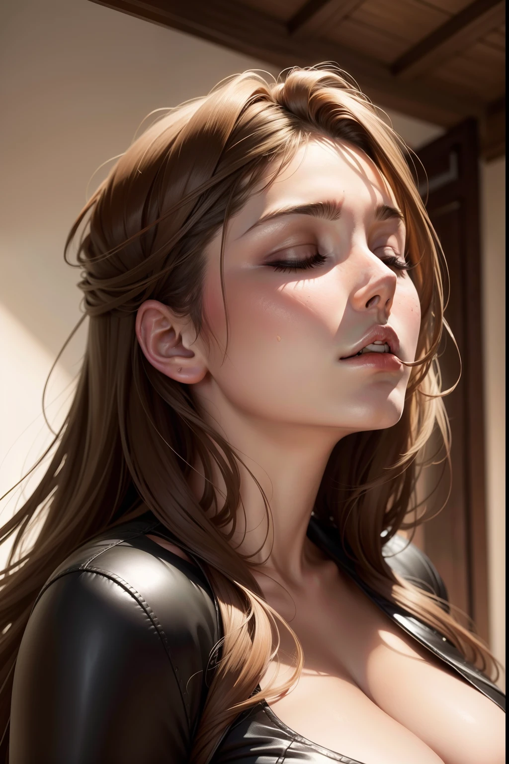 lucy pinder, portrait, looking to the side, looking up, eyes closed, mouth opening wide, drooling.