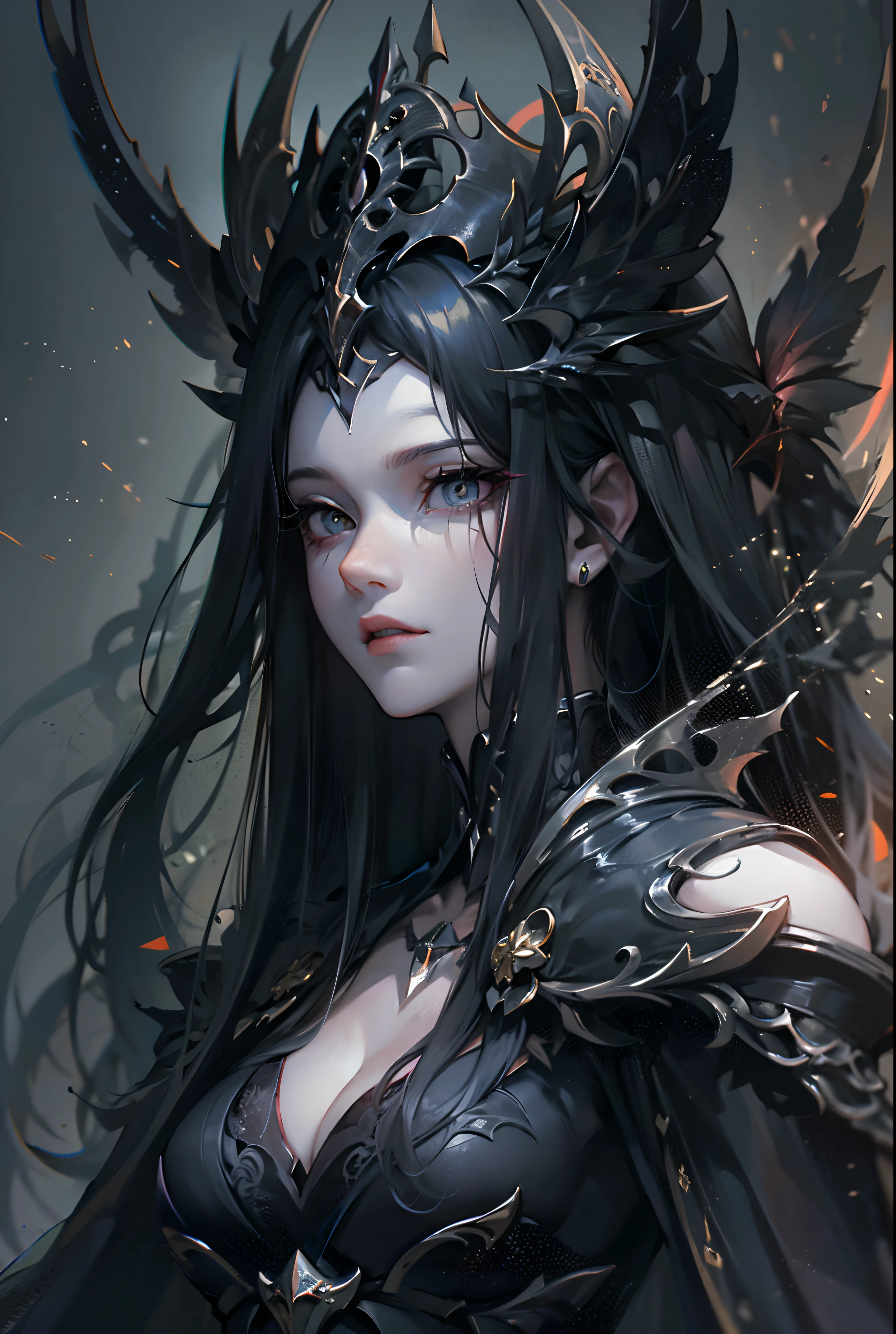 ((tmasterpiece)),(Best quality at best),(A half body),looks away,(ultra intricately detailed),(Highest definition),(8K),(Clean lines),(Perfect facial features,Perfect flesh),(offcial art),1lady,Demigod,(lich),Death Mage,Pitch-black robe,Pale skin,Dominate life and death,Majesty,Solemn,vacant eyes,Super long black hair like the night,Godless eyes,Dead silent expression,Abyss
