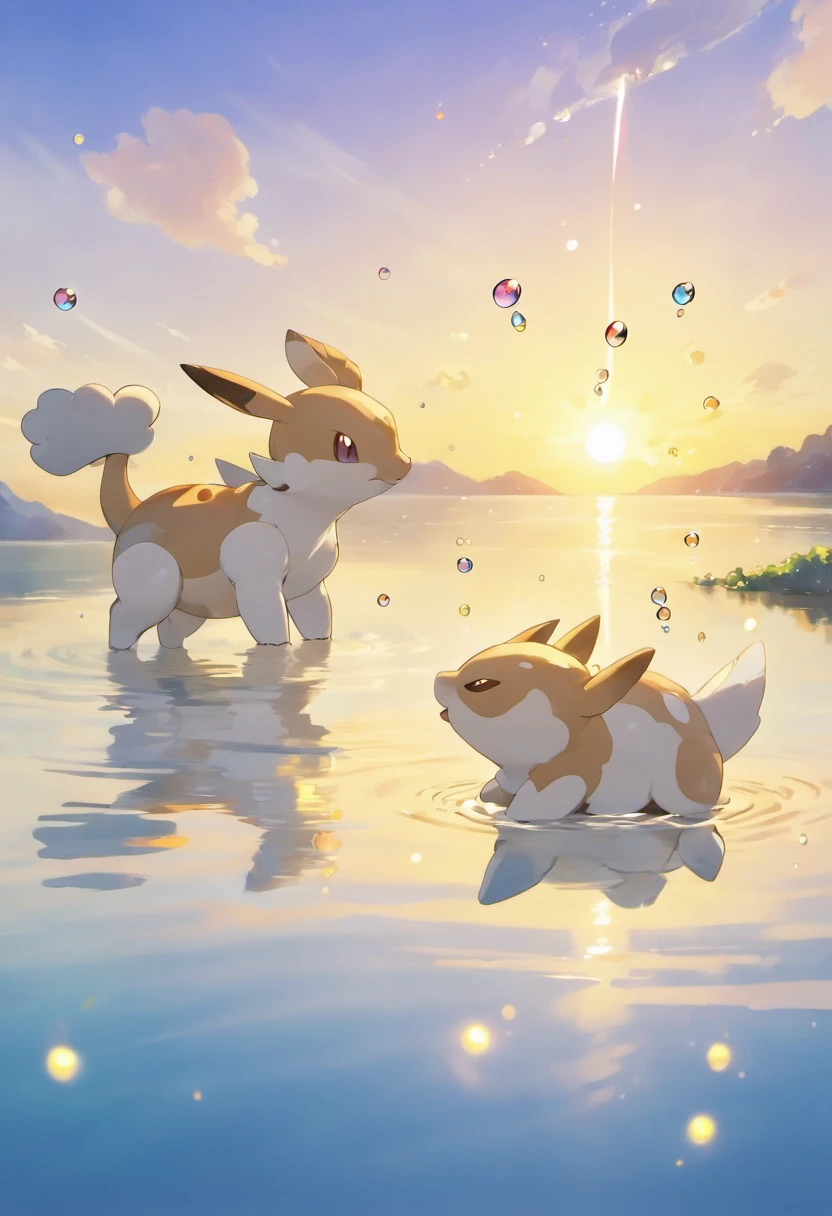 A touching scene in ultra-high definition 3D showcasing Cubone making a wish beside a tranquil lake. Cubone, beautifully rendered in detail, is seen gently blowing bubbles into the air, each one carrying a hopeful wish. The bubbles catch the reflection of the setting sun, creating a dreamy, magical effect. The overall atmosphere is tender, filled with hope and serenity