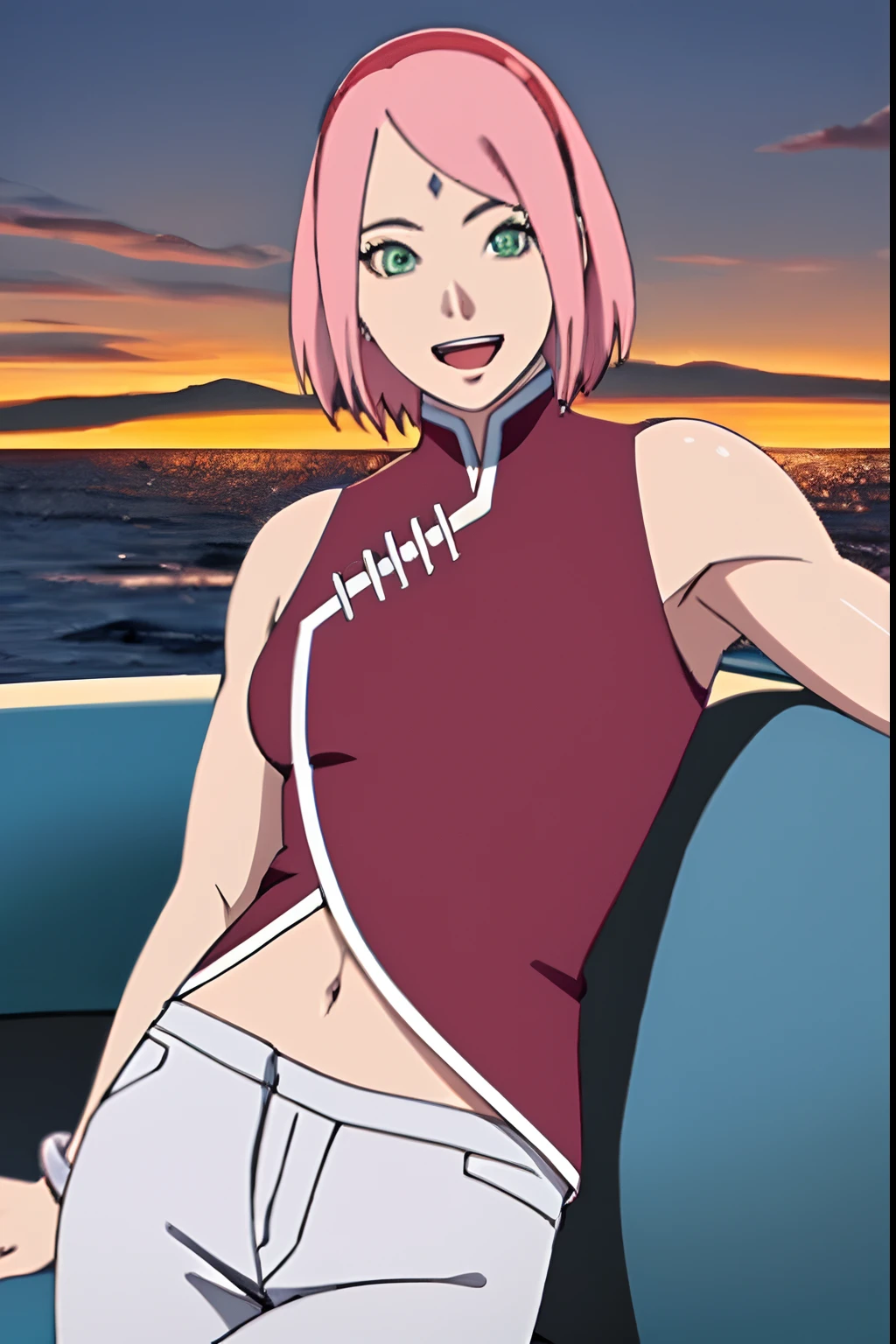 masterpiece, 4k, portrait, cowboy shot, (night), professional artwork, intricate details, colorful, digital blending, (ultra detailed body, ultra detail hair, ultra detail face), trending on pixiv, kind smile, best quality, anime style: 1.9, 1girl, hires, haruno sakura, (forehead mark, milf, red hairband, pale skin, (small breasts), short hair, ((red sleeveless dress,), white pants), (navel, belly button, slender body, slender belly, bracelet, pink hair, (open mouth), big eyes), smile, beach, wind, floating hair, detailed arms, off-shoulders, broad shoulders, (slightly muscular arms, slightly strong biceps), armpit on couch, rips, , fancy couch, relaxing, (hand leaning on couch, laying, talking, looking at the viewer, showing armpit, (talking while showing armpits))