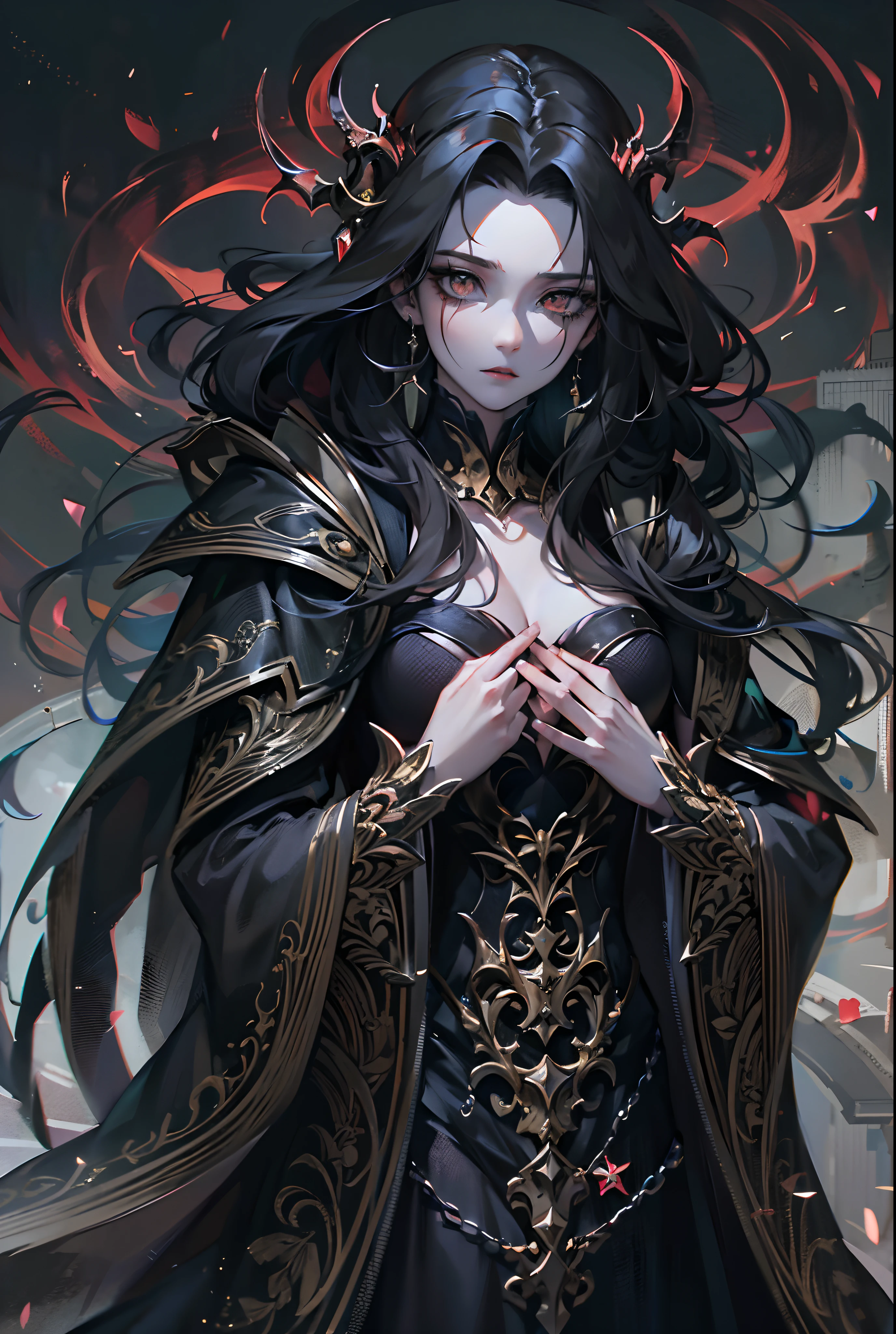 ((tmasterpiece)),(Best quality at best),(A half body),looks away,(ultra intricately detailed),(Highest definition),(8K),(Clean lines),(Perfect facial features,Perfect flesh),(offcial art),1lady,Demigod,(lich),Legendary Mage,the scientist,Pitch-black robe,Pale skin,Dominate life and death,Majesty,Solemn,vacant eyes,Super long black hair like the night,Godless eyes,Dead silent expression,Abyss