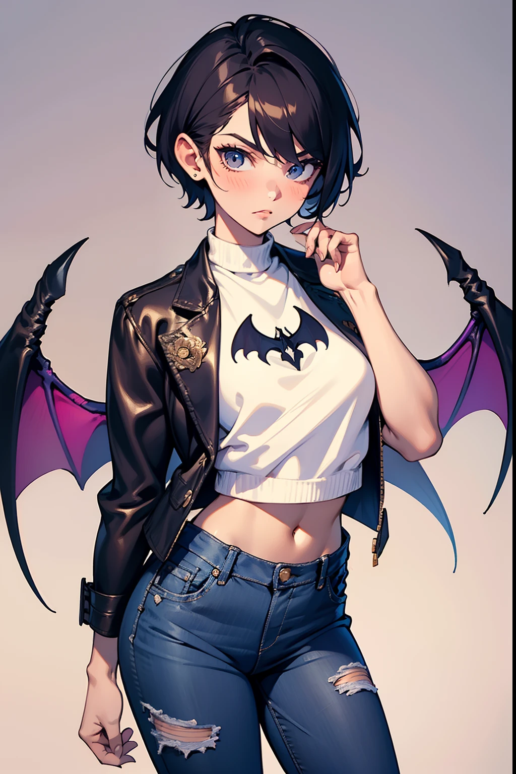 masterpiece、hightquality、1girl in、Cool、独奏、middlebreasts、short-hair、(hair between eye)、(00BFFE Pixie Cut)、Bat Wings、Disappointed face、toppless、(Star Seal 、Cropped flared jeans、Leather Blazer)