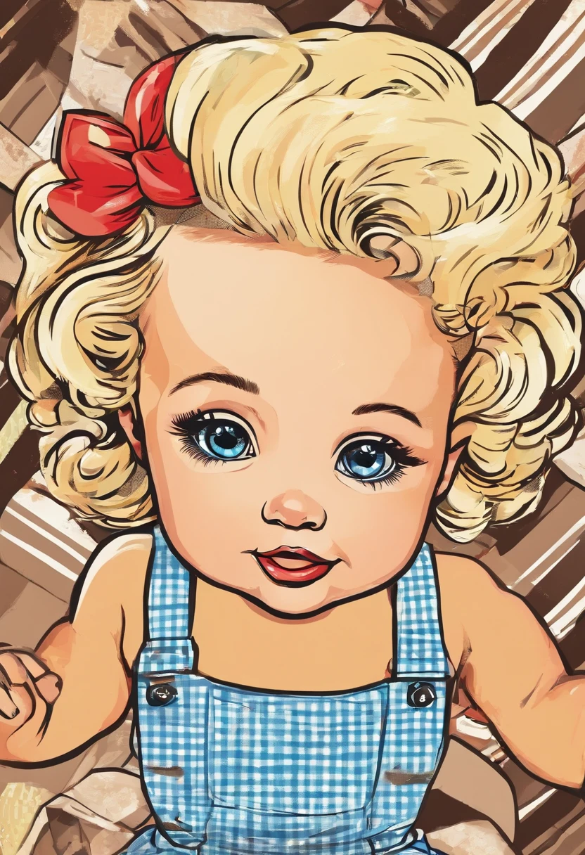 Blond baby girl, doll face, blue eyes, naughty smile, with bege and brown gingham overalls, reaching the viewer with her finger
