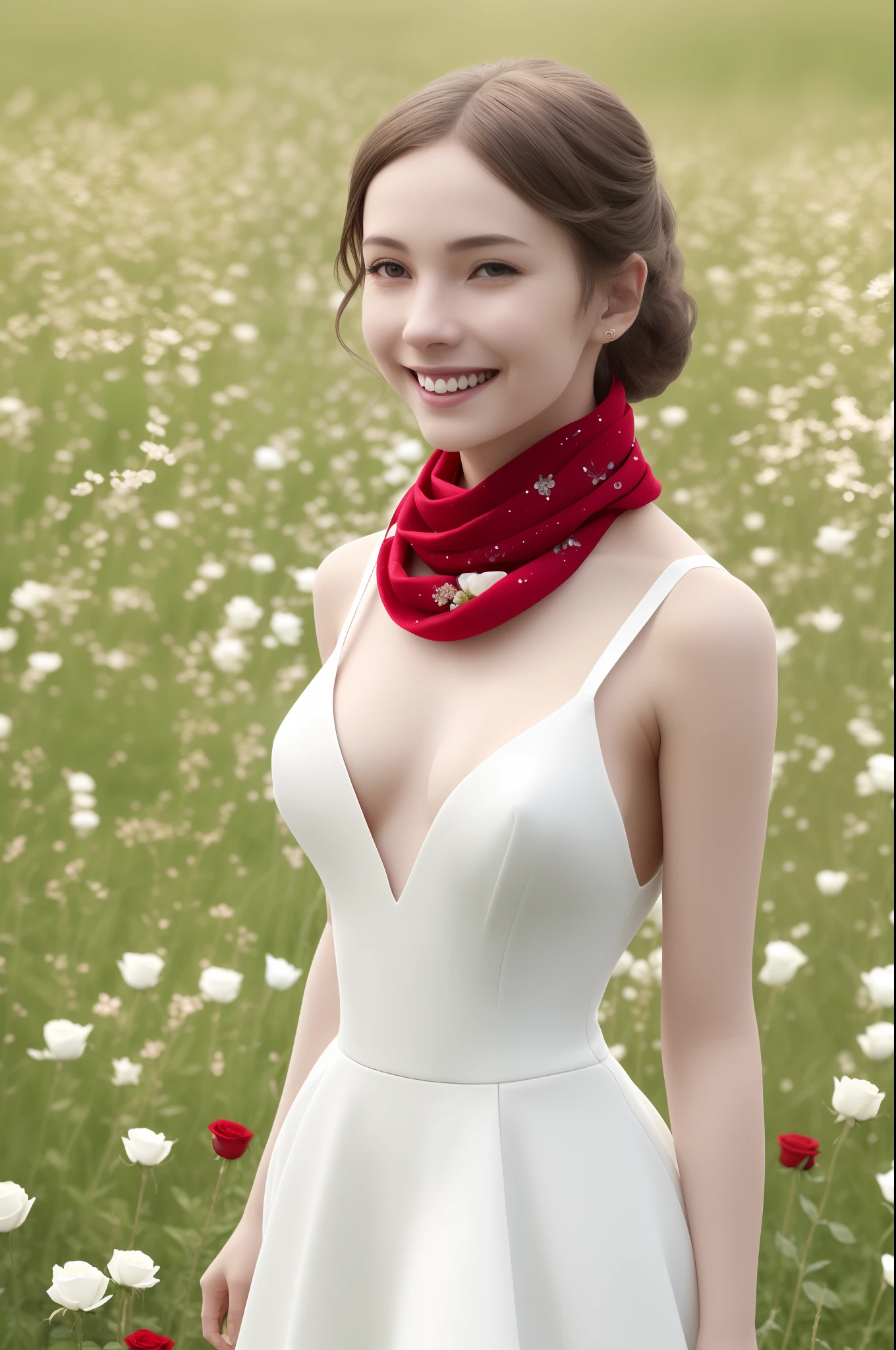 Vista, Panorama, Perspective, Depth of Field, Bust, Upper Body, Cinematic Angle, Masterpiece, Best Quality, Ultra Detailed, CG, 8K Wallpaper, Beautiful Face, Delicate Eyes, A Maiden, Solo, Smile, Silver Hair, Golden Eyes, Fair Skin, Hair Strands, Red Scarf, White Evening Dress, Rose Field, Red Flowers, Roses, Flower Field, Petals, Flying Petals, Smiling