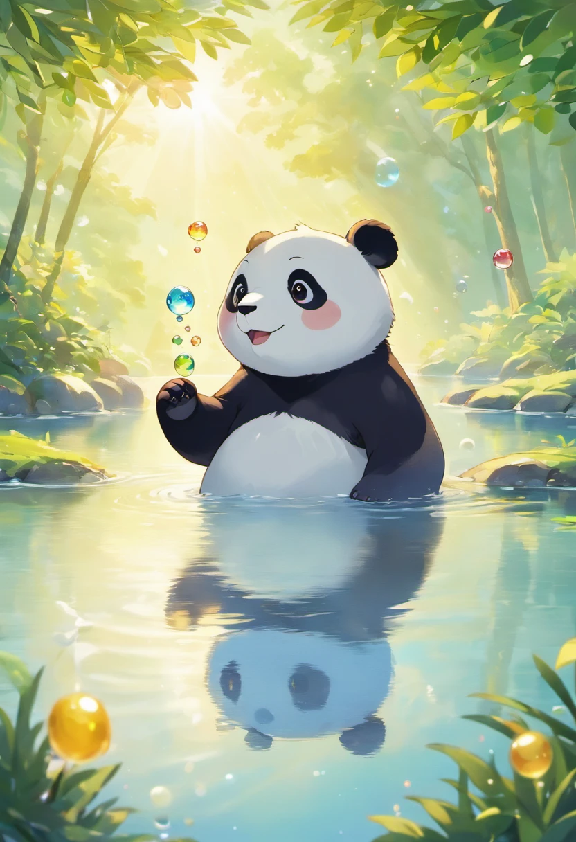 A touching scene in ultra-high definition 3D showcasing a cute panda making a wish beside a tranquil lake. panda, beautifully rendered in detail, is seen gently blowing bubbles into the air, each one carrying a hopeful wish. The bubbles catch the reflection of the setting sun, creating a dreamy, magical effect. The overall atmosphere is tender, filled with hope and serenity
