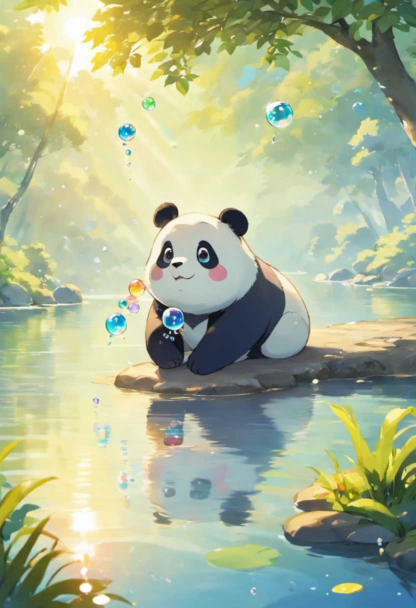 A touching scene in ultra-high definition 3D showcasing a cute panda making a wish beside a tranquil lake. panda, beautifully rendered in detail, is seen gently blowing bubbles into the air, each one carrying a hopeful wish. The bubbles catch the reflection of the setting sun, creating a dreamy, magical effect. The overall atmosphere is tender, filled with hope and serenity