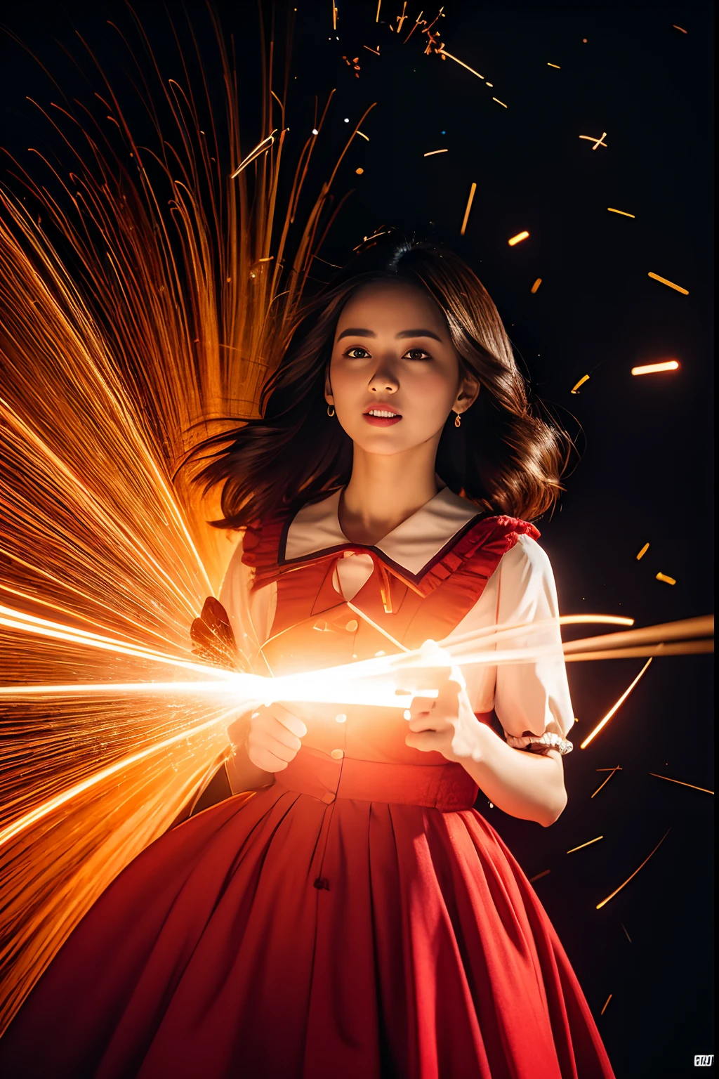 RAW photo, full sharp, (Full HD epic wallpaper) 8K  UHD, Digital SLR, Soft lighting, High quality, filmgrain, Fujifilm XT3, hiqcgbody, (1人, Kizi:1.2),Focus above the thighs, Broken glass effect, Vivid yellow flame, Ethereal sparks, vulnerable, Red eyes, Long gray hair,Wind，Fluttering heads， buzz cut, Style - Gravity magic, Portrait, Looking down, Solo, , Detailed background, Detailed face, Pale complexion,(( Lolita costume)), redcloak, Cape, Hood, malicious expression, The scarlet symbol rotates in the air,(Floating fire particles, particle fx), Skylight color scheme,  Huge red flame, the are In the background, Surrounded by a crimson mist, Sunset, symetrical composition, Epic atmosphere,