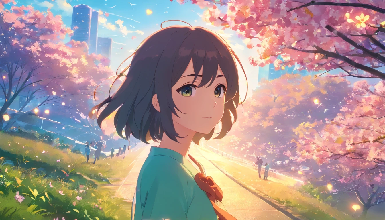 masterpice, (Best quality), ((best detail)), Depth of field, A beautiful girl, Beautiful face, Nature, Spirit, Blossom, colorful landscapes, Flowers, butterflys, Glowing suit, element in