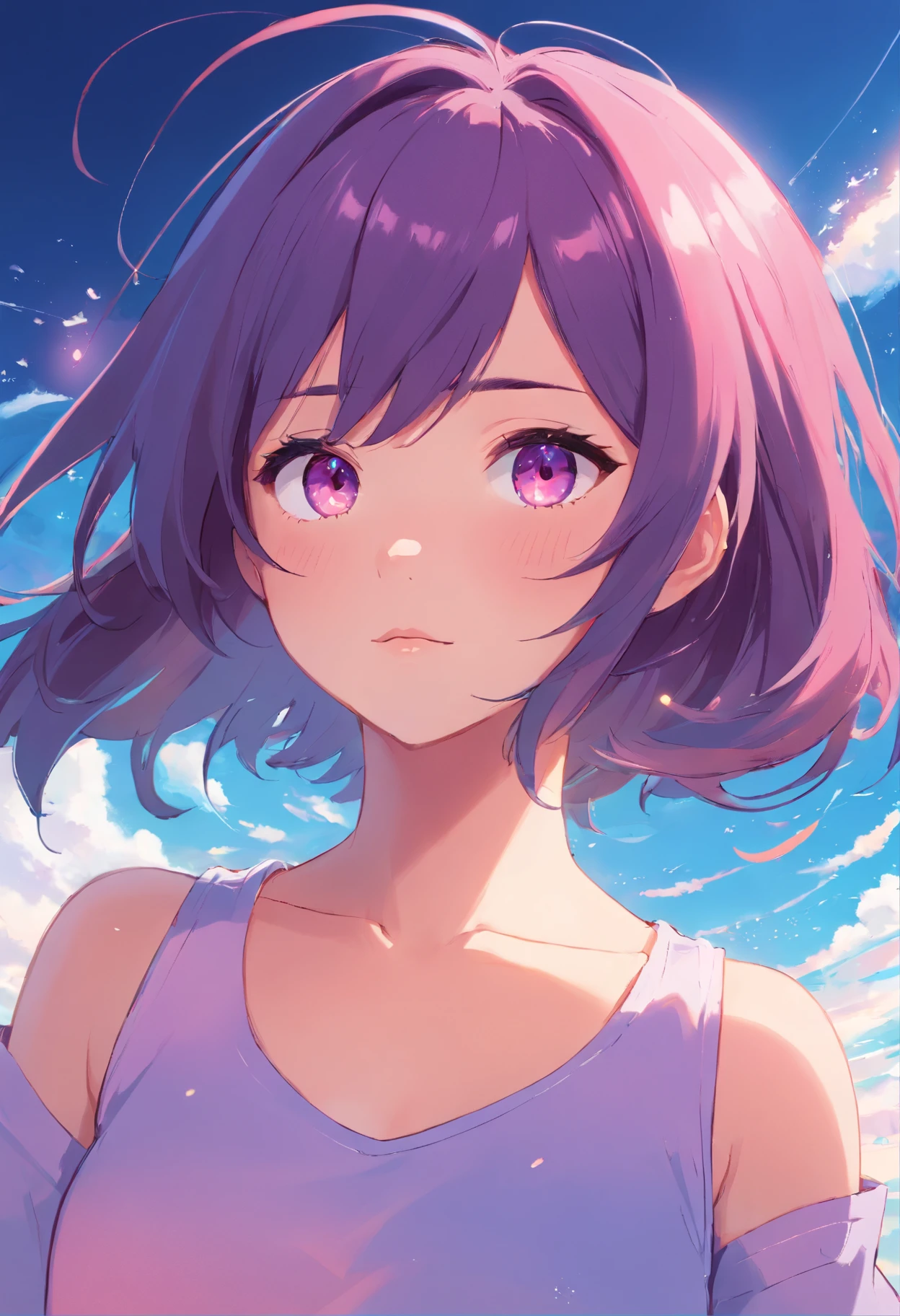 Uma menina fofa, de cabelo roxo, olhos rosa com orelhas de raposa e uma blusa branca com roso