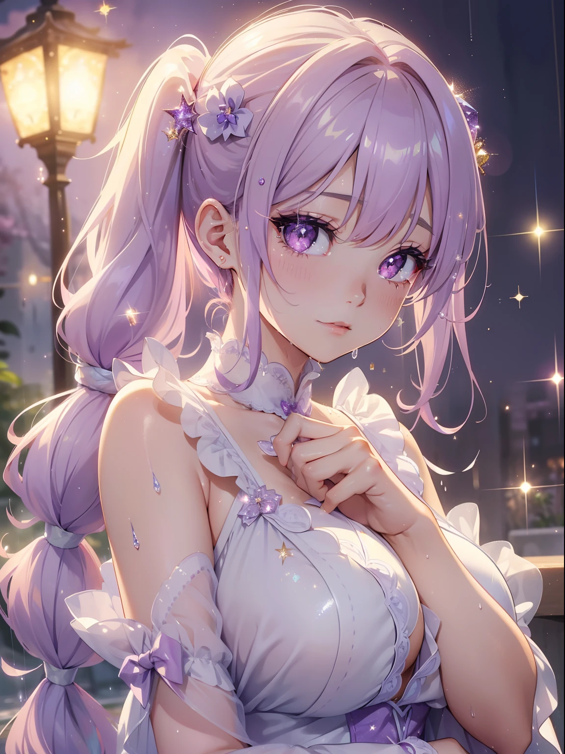 masutepiece, High resolution, 8K, anime woman, Delicate and detailed writing 、Detailed digital illustration、(((Straight pigtail)))、Shiny hair、Bangs、a very beautiful woman、Eyes are double, Large, Bust is an A cup、High image quality, High quality、Detailed background、(((Wearing cute idol clothes in white and lilac)))、((Very heavy rain、early evening))、Drops are falling on the hair、Wet hair、Clothes are also wet、The inside of the eye shines like a diamond、Light purple hair、Gradient pupil、(((2 arms、4 fingers, 1 thumb)))、Detailed female face、Very beautiful and cute woman、、细致背景、​masterpiece、Soft Focus , Bright gradient watercolor , Lens Flare , (((Glitter))) , Glow , Dreamy , Light Purple Ribbon、Very Beautiful Light Purple Rose Hair Accessories、Light purple and gold costume with white as the main color、((Straight at the angle of the front))、clothes wet、Clothes are wet and you can move
