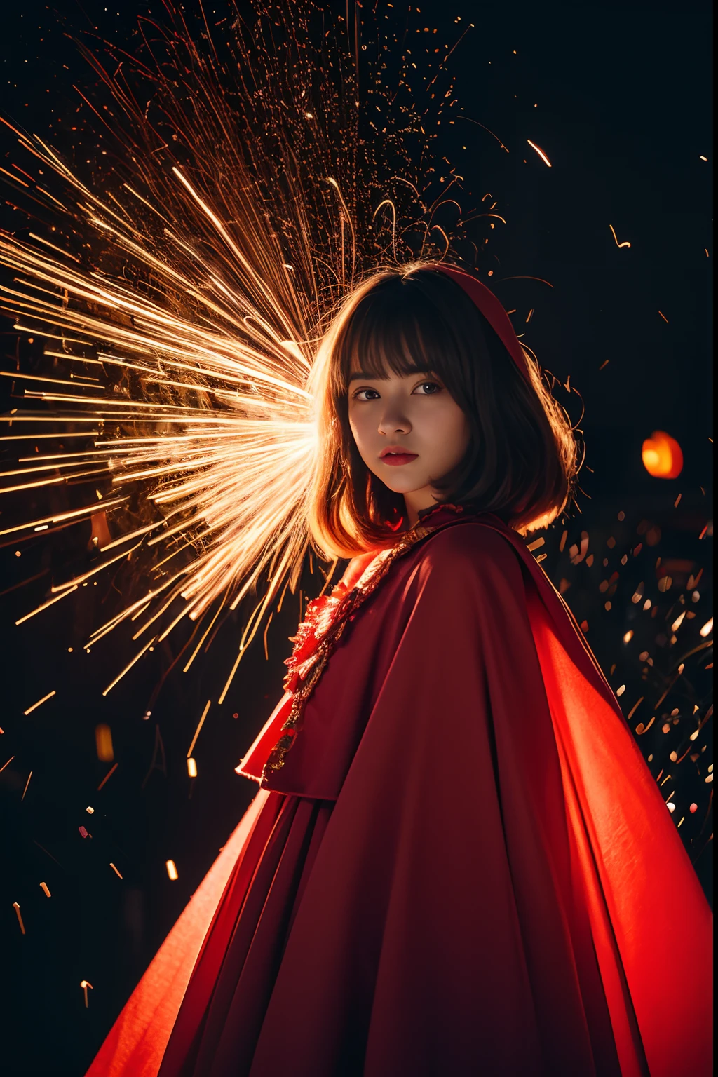 RAW photo, full sharp, (Full HD epic wallpaper) 8K  UHD, Digital SLR, Soft lighting, High quality, filmgrain, Fujifilm XT3, hiqcgbody, (1人, Kizi:1.2),Focus above the thighs, Broken glass effect, Vivid yellow flame, Ethereal sparks, vulnerable, Red eyes, Long gray hair,Furious wind，Fluttering hair， buzz cut, Style - Gravity magic, Portrait, Looking down, Solo, , Detailed background, Detailed face, Pale complexion,(( Lolita costume)), redcloak, Cape, Hood, malicious expression, The scarlet symbol rotates in the air,(Floating fire particles, particle fx), Skylight color scheme,  Huge red flame, the are In the background, Surrounded by a crimson mist, Sunset, symetrical composition, Epic atmosphere,