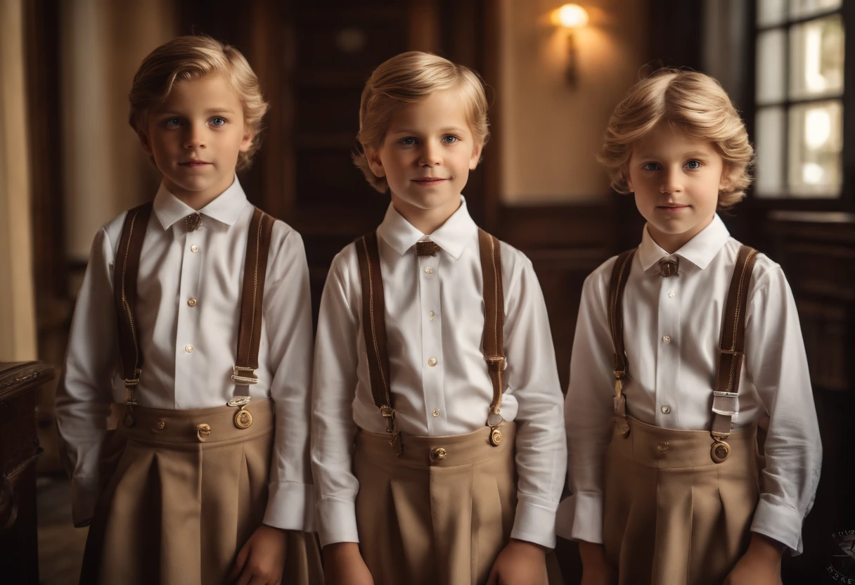 7 year old identical boy triplets wearing rich expensive Europeans style school uniforms, intricate details, HDR, beautifully shot, realistic, sharp focus, 64 megapixels, perfect composition, high contrast, cinematic, 8K, CAUCASIAN, GOLDEN HAIR, BLUE EYES