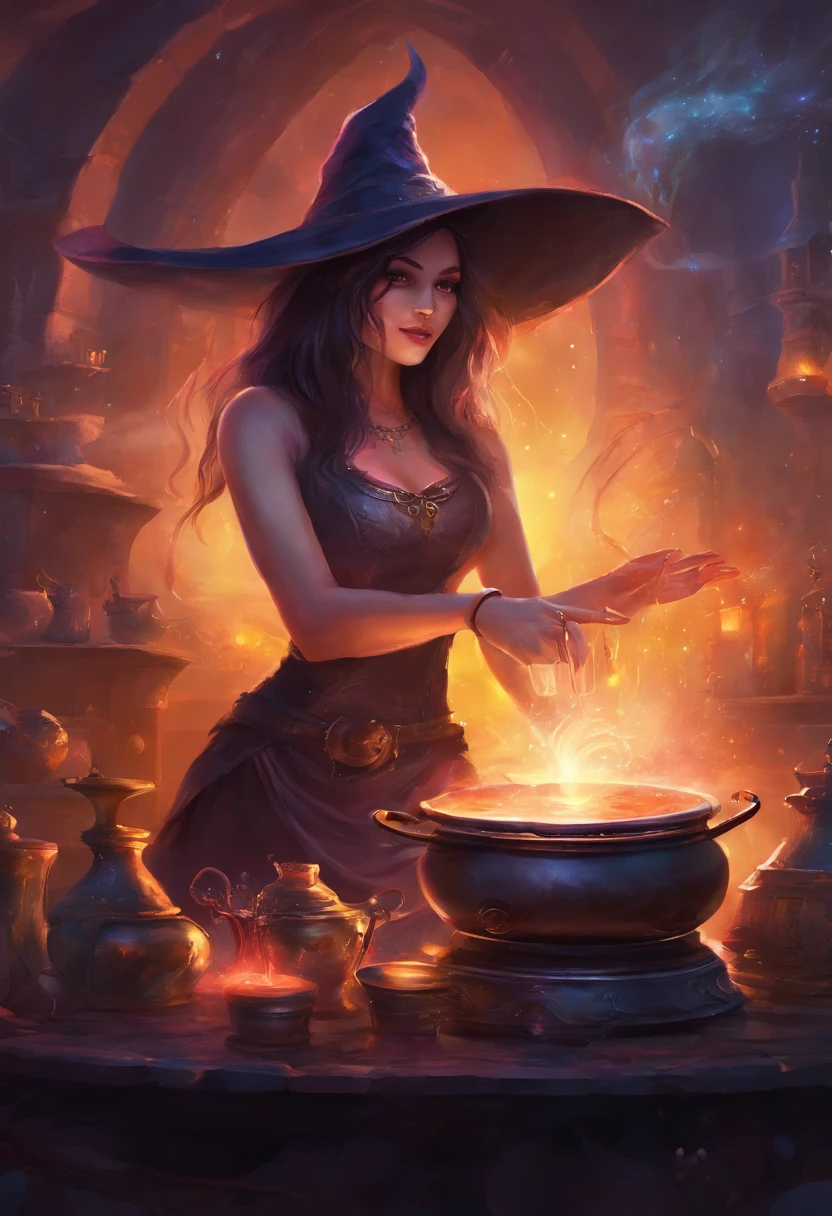 a dark fanstasy witch female dj djing at a bubbing mist cauldron with dark enchantments