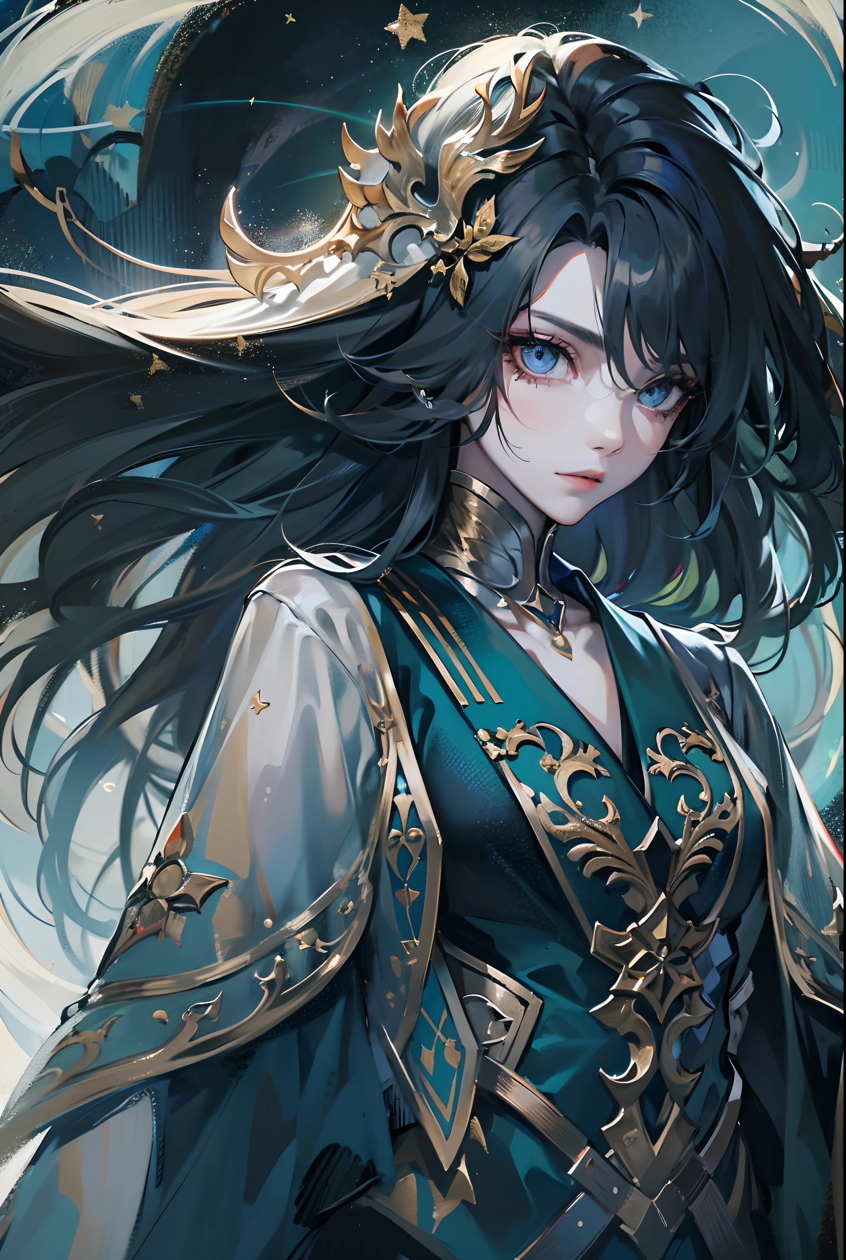 ((tmasterpiece)),(Best quality at best),(A half body),looks away,(ultra intricately detailed),(Highest definition),(8K),(Clean lines),(Perfect facial features,Perfect flesh),(offcial art),1lady,Inquisitor,(starrysky),Legendary Mage,Dark blue star robe,Pale skin,Absolute neutrality,Everything is balanced,equilibrium,Majesty,Solemn,vacant eyes,Extra-long black hair,Godless eyes,Dead silent expression