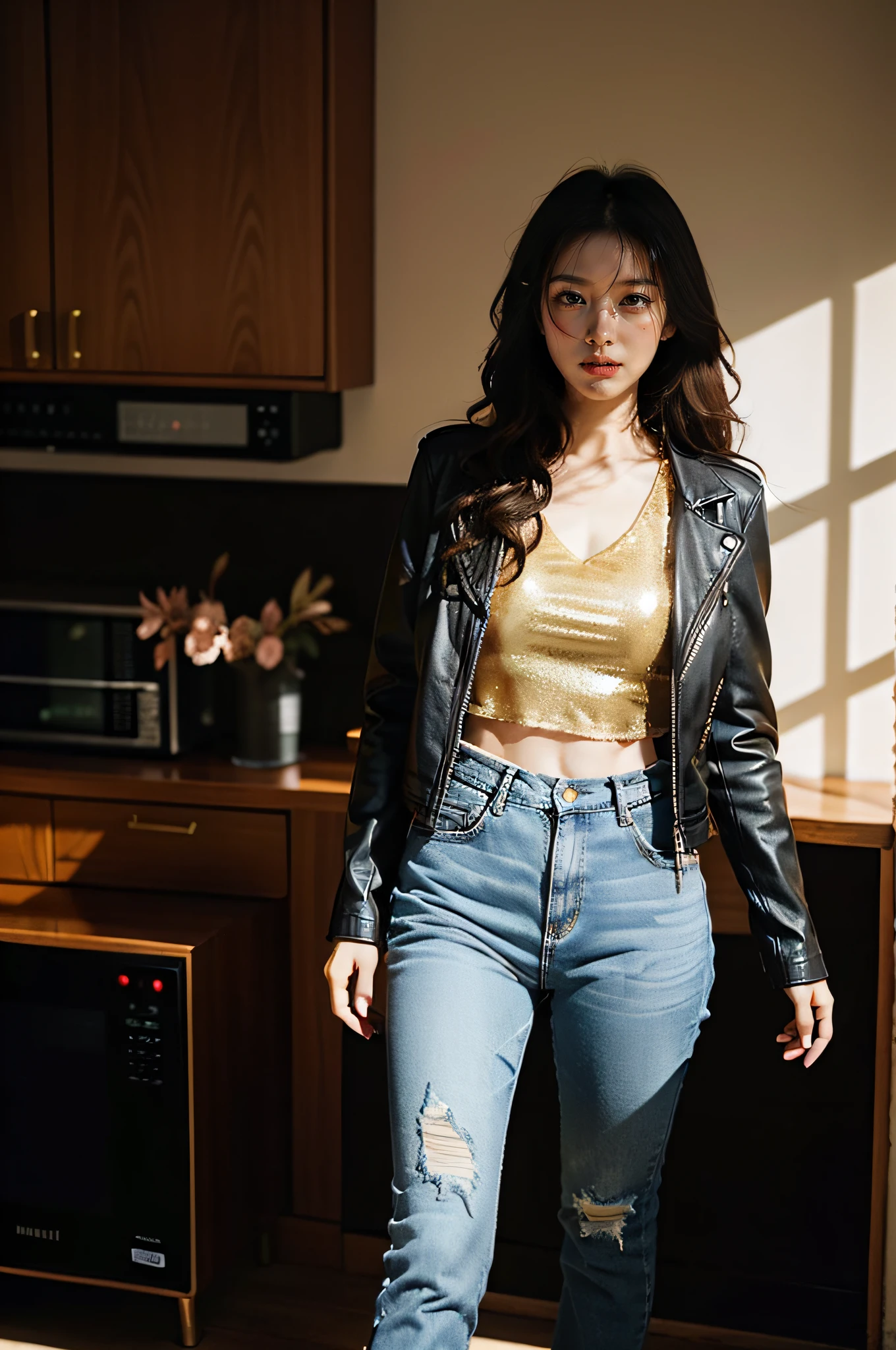 Sexy beautiful oriental woman(HD real real delicate faces),Black microwave curly long hair wearing traditional Chinese hairpins,Black leather jacket with gold sequins deep V slip top underneath,Wear ragged long jeans and high-end sporty sneakers,Wear a red smartwatch,Chinese-style circular architectural composition,Picture color grading HDR,High shadows, highlights, high contrast color grading。