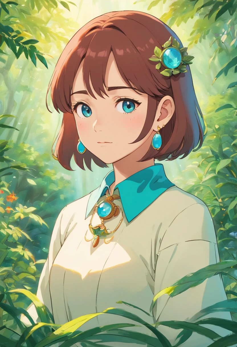 A girl wearing an anime collar, A long necklace and earrings, inthe style of tranquil gardenscapes, colorful animation stills, Masami Teraoka, aquamarine, Paul Gauguin, Amber style, Honest portrayal
