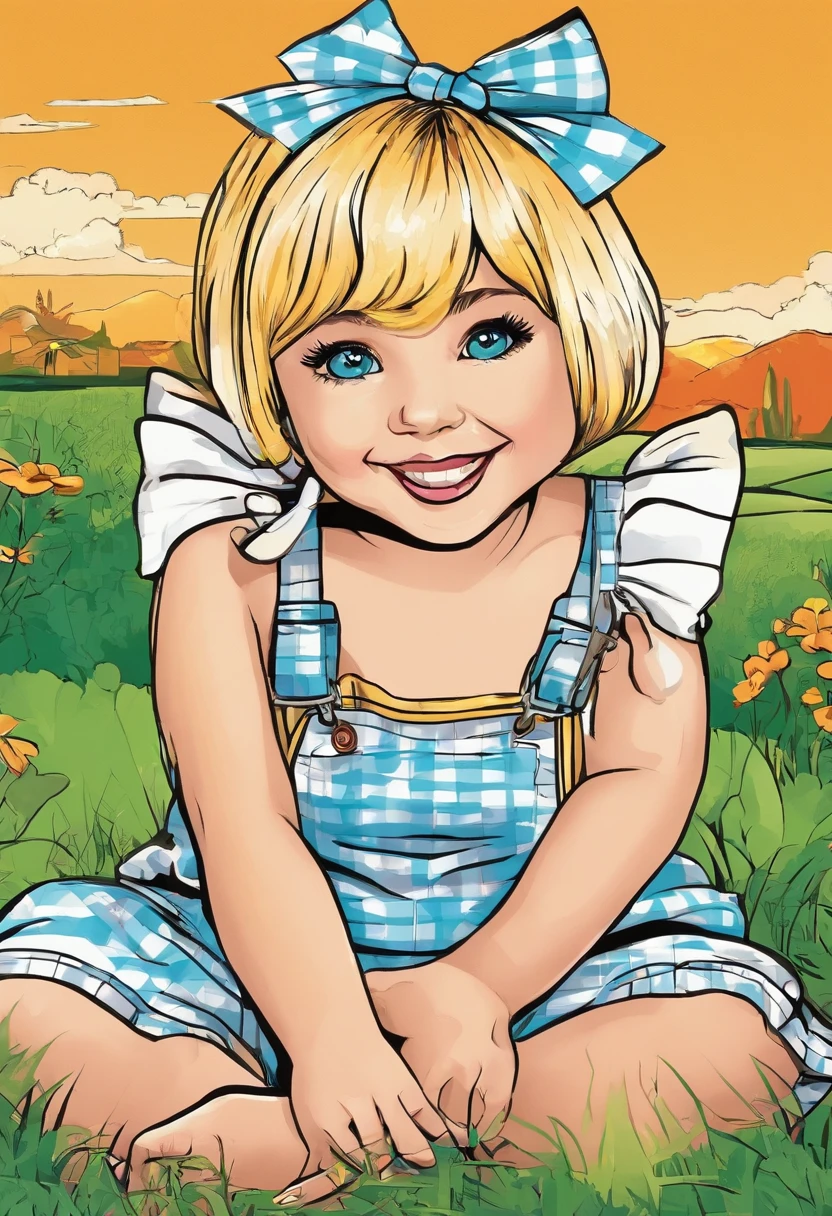 Baby girl, doll face, blue eyes, blond short straight hair, naughty smile, seated on the grass, in bege and brown gingham overalls, bege bow hair band, reaching the viewer with her finger,
