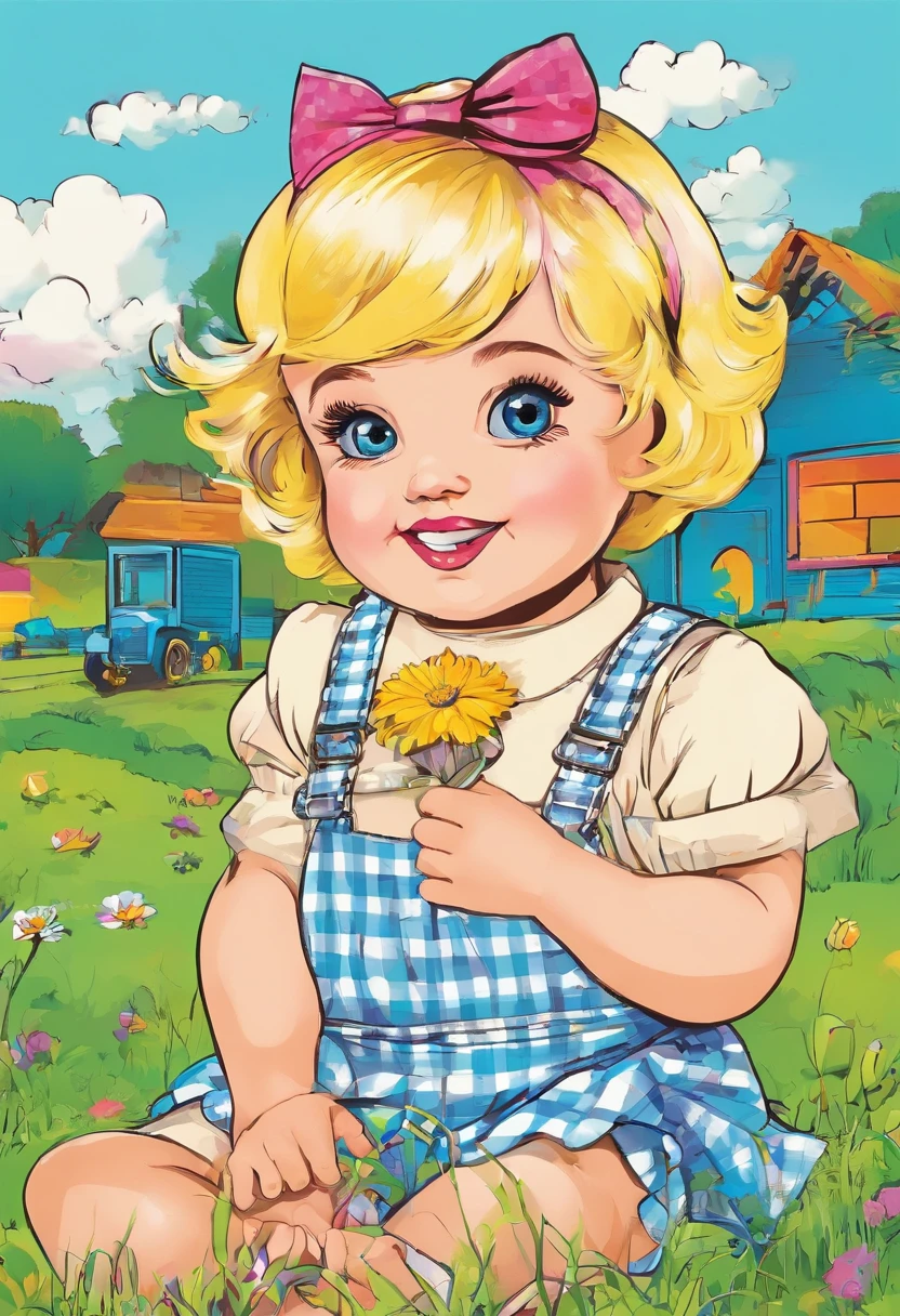 Baby girl, doll face, blue eyes, blond short straight hair, naughty smile, seated on the grass, in bege and brown gingham overalls, bege bow hair band, reaching the viewer with her finger,
