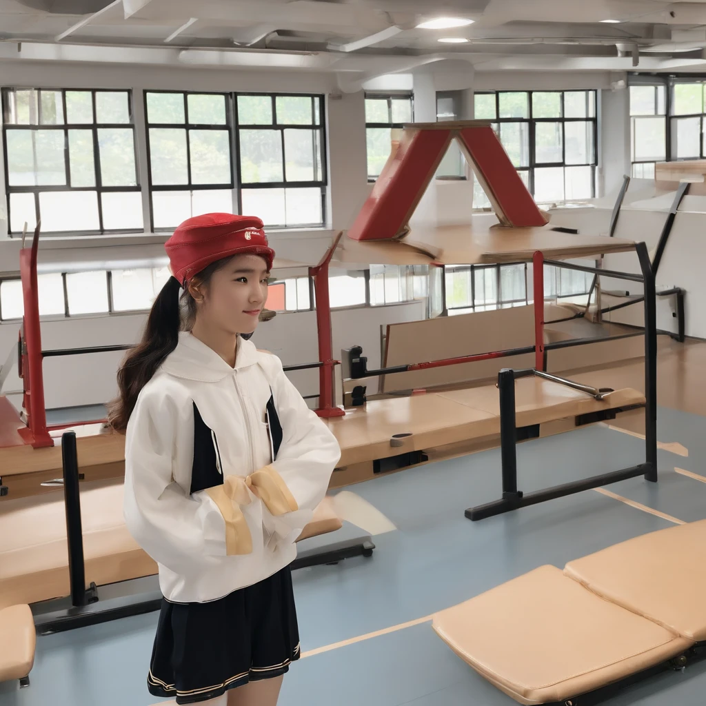Inside the gymnasium、Objects such as jumping boxes and balance beams are、Visible through the gap behind、a junior high school student、japanes、My cheeks are red、校服