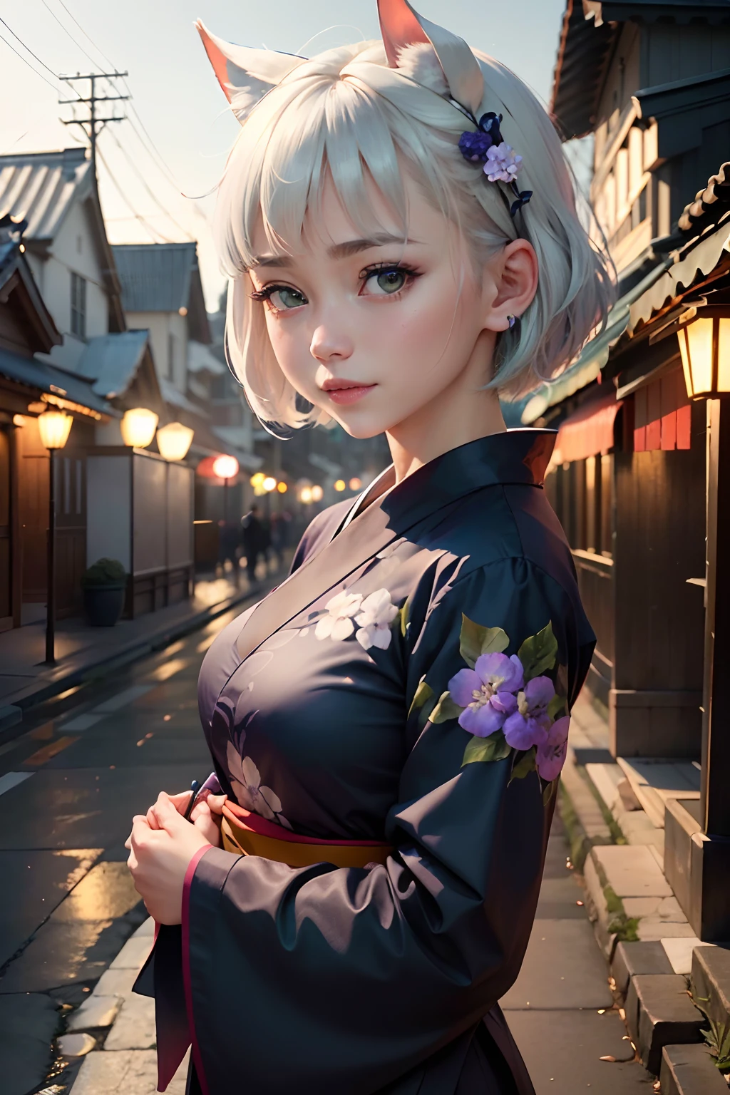 Raw photography, top-quality, masterpiece, extremely delicate and beautiful, ighly detailed, nffsw, Unity, 8K Picture Wallpaper, amazingly detail, detaile, masterpiece, top-quality, Official art, Highly detailed ticker Unity 8k wallpaper, ultra-detailliert, hight resolution, ighly detailed, Clair, Focus, (top-quality), (realisitic, Photorealsitic:1.5), 8K, Soft lighting, hightquality, lighting like a movie, 1girl in、notre dame、Seiun Sky(Uma Musume)、white-blue hair、pale hair、Short hair、Short Bob Heya、Ears hide in the hair、Shaggy Heya、very, Very short hair、very, very very long horse ears、、、、、very, very, Very big eyes、Eyes are green、greeneyes、Green eyes、Green eyes、Cobalt green eyes、Glowing eyes that seem to have been sucked in、A smile、Innocent smile、Angelic smile、kawaii、pale skin、perspiring、full of sweat、Walking、Quiet personality、navy blue yukata、Hydrangea pattern yukata、moderate breast、Tense udder、takeout、natta、Autumn Festival、Shrine in the background、Fireworks go off