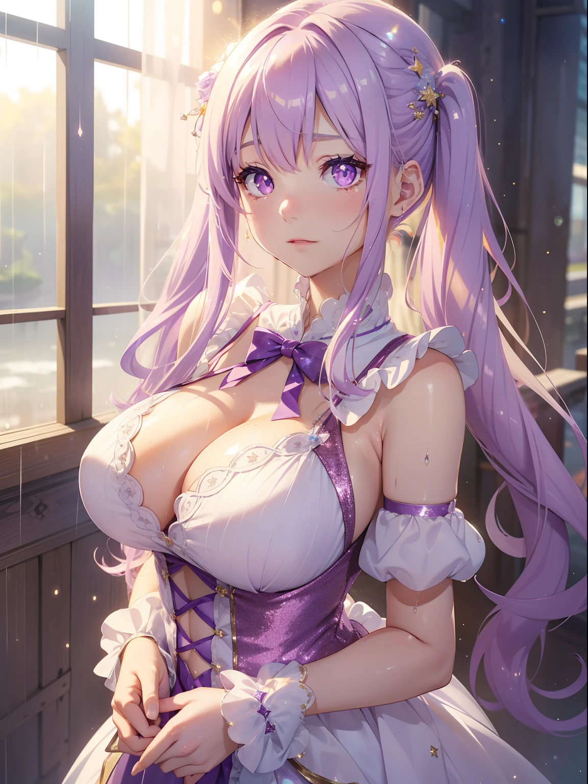 masutepiece, High resolution, 8K, anime woman, Delicate and detailed writing 、Detailed digital illustration、(((Straight pigtail)))、Shiny hair、Bangs、a very beautiful woman、Eyes are double, Large, Bust is an A cup、High image quality, High quality、Detailed background、(((Wearing cute idol clothes in white and lilac)))、((Very heavy rain、early evening))、Drops are falling on the hair、Wet hair、Clothes are also wet、The inside of the eye shines like a diamond、Light purple hair、Gradient pupil、(((2 arms、4 fingers, 1 thumb)))、Detailed female face、Very beautiful and cute woman、、细致背景、​masterpiece、Soft Focus , Bright gradient watercolor , Lens Flare , (((Glitter))) , Glow , Dreamy , Light Purple Ribbon、Very Beautiful Light Purple Rose Hair Accessories、Light purple and gold costume with white as the main color、((Straight at the angle of the front))、clothes wet、Clothes are wet and you can move