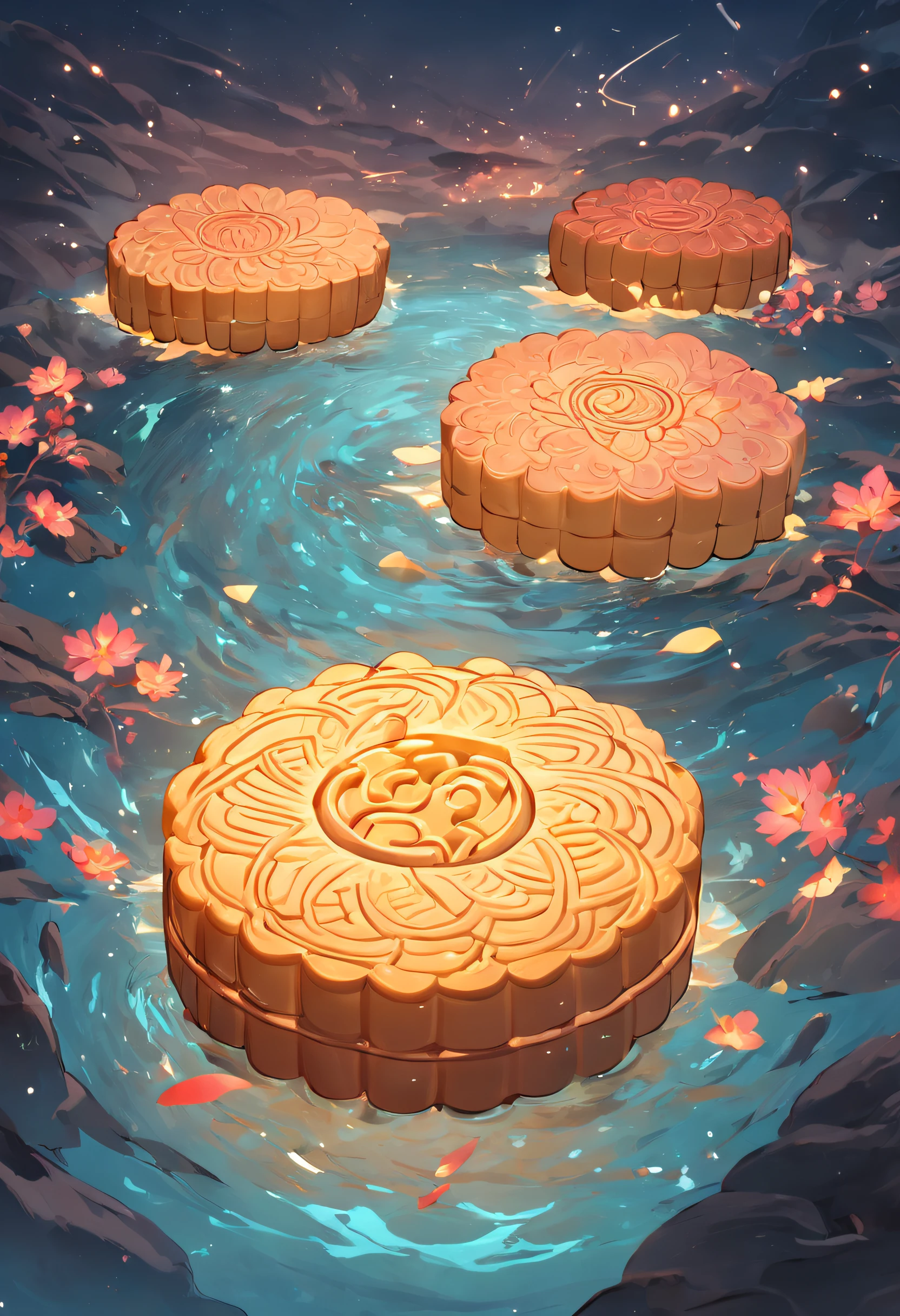 4 Mooncakes form a creative stage，Scene of a river flowing，Bright moon，best qualtiy，3D modeling rendering，C4D style，wide wide shot，8K，