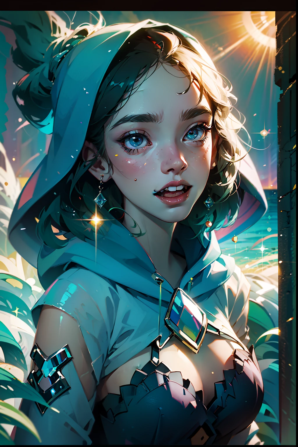 Wear a hoodie on your head、Wear a hoodie on your head、Wear a hoodie on your head、Close-up of a smiling face with an open mouth、(hentail realism、A high resolution)、(1 girl in)、Eye、Korean girl、(Best quality), (masutepiece), (1girl in), Solo, a beauty girl, Perfect face, Big Breast,DreamlikeArt、Highly detailed airbrush art((Surreal))、voluminetric lighting、(top-quality)、The ultra-detailliert、(The composition of the movement:1.4)、Highly detailed and colorful details、(Bright lighting)、dynamic compositions、Ray traching、The mirror reflects light、Shallow depth of field、ultra - detailed、Mixed exposure、NFFSW、Her eyes sparkled with rainbow colors、Gaze at the iridescent sea。Her rainbow-colored face is、Full of anticipation and courage for adventure.、A smile appeared on her rainbow-like lips。 In the rear、The sun slowly tilts to the west。Its light brings iridescent light to the surface of the sea、The swaying waves create a beautiful sight。Her eyes sparkled with clear rainbow colors。Lots of rainbow colors、