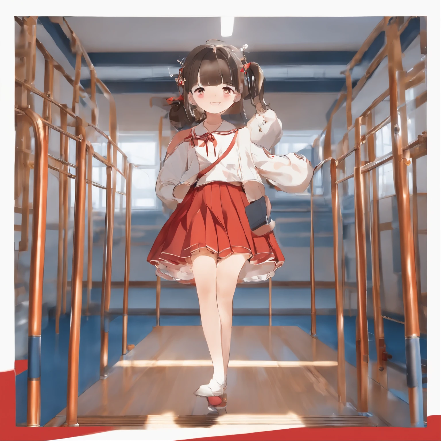Inside the gymnasium、Objects such as jumping boxes and balance beams are、Visible through the gap behind、a junior high school student、japanes、My cheeks are red、校服