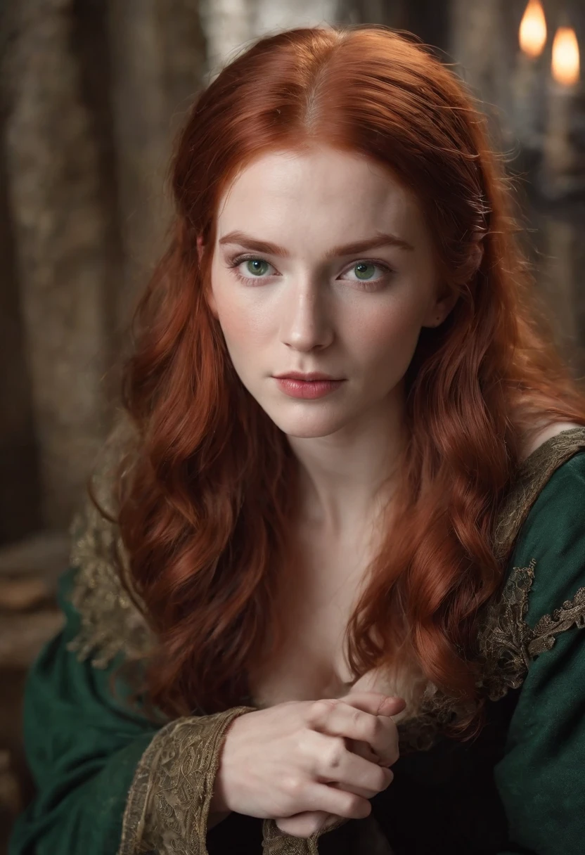 (((Red-haired witch))) Fair complexion, A woman around 19 years old, Unique green eyes, Wear Cole, Slender and graceful, Beautiful, Candlelight in a medieval setting, super sharp focus, realistic lens, Medieval women's clothing, Four colors (Scar:1.4)