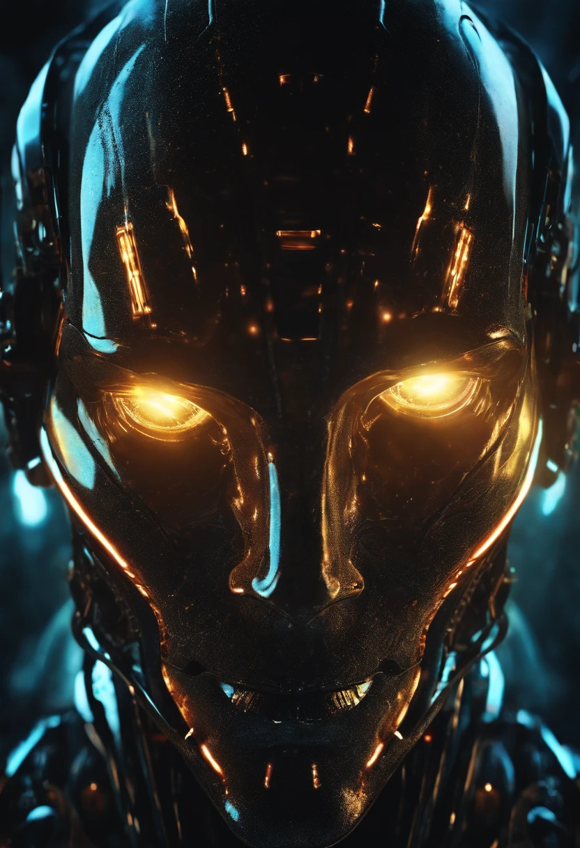 The body of the robot and the face of the person., glowing light eyes, Biomechanical, eerie, Creepy, nightmarish, Very bright colors, Light particles, with light glowing, Mshiv, wallpaper art, UHD wallpaper