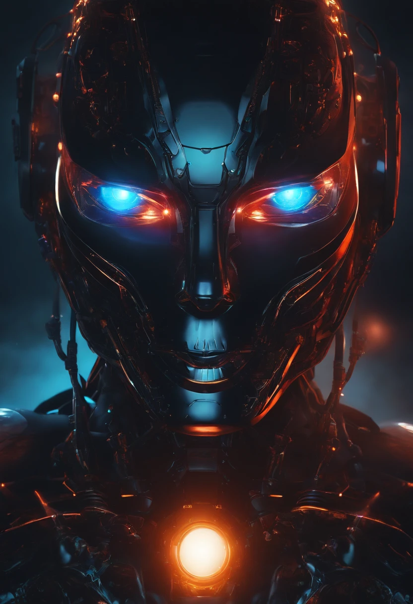 The body of the robot and the face of the person., glowing light eyes, Biomechanical, eerie, Creepy, nightmarish, Very bright colors, Light particles, with light glowing, Mshiv, wallpaper art, UHD wallpaper