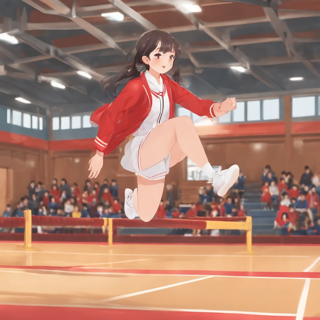 Inside the gymnasium、Objects such as jumping boxes and balance beams are、Visible faintly through the gap behind、a 、japanes、My cheeks are red、校服、Women are at the center