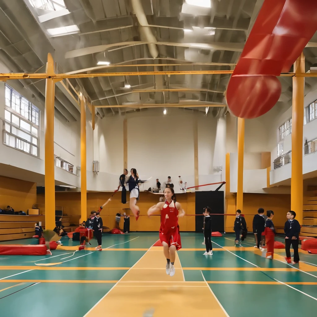 Inside the gymnasium、Objects such as jumping boxes and balance beams are、Visible faintly through the gap behind、a 、japanes、My cheeks are red、校服、Women are at the center