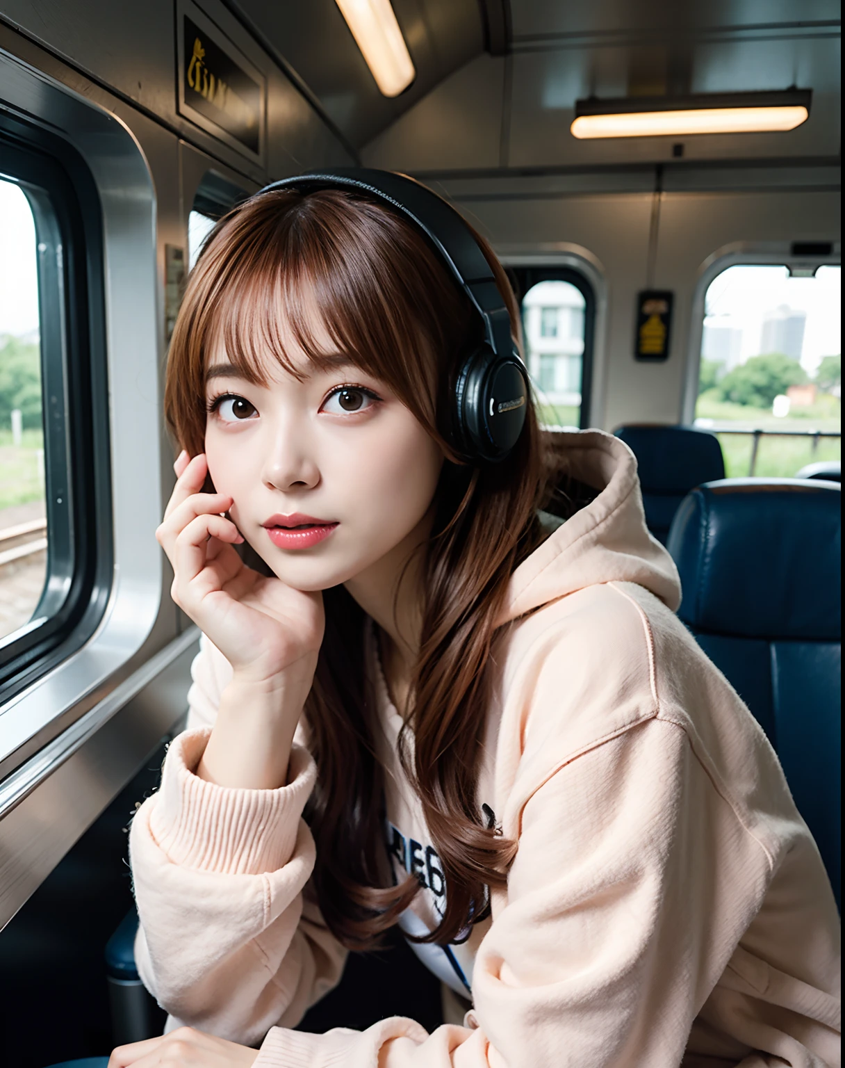 photoRealstic、hight resolution、1 Beautiful woman sitting、train、Looking out the window、28 year old、Fancy hoodies、Put the headphones to your ears、Pink cheeks、Moisturized eyes、lofty nose、looking distantly、Red-haired short bob、Fine-textured skin、Darker makeup、eye make up、Light brown eyes、Soft diffused lighting