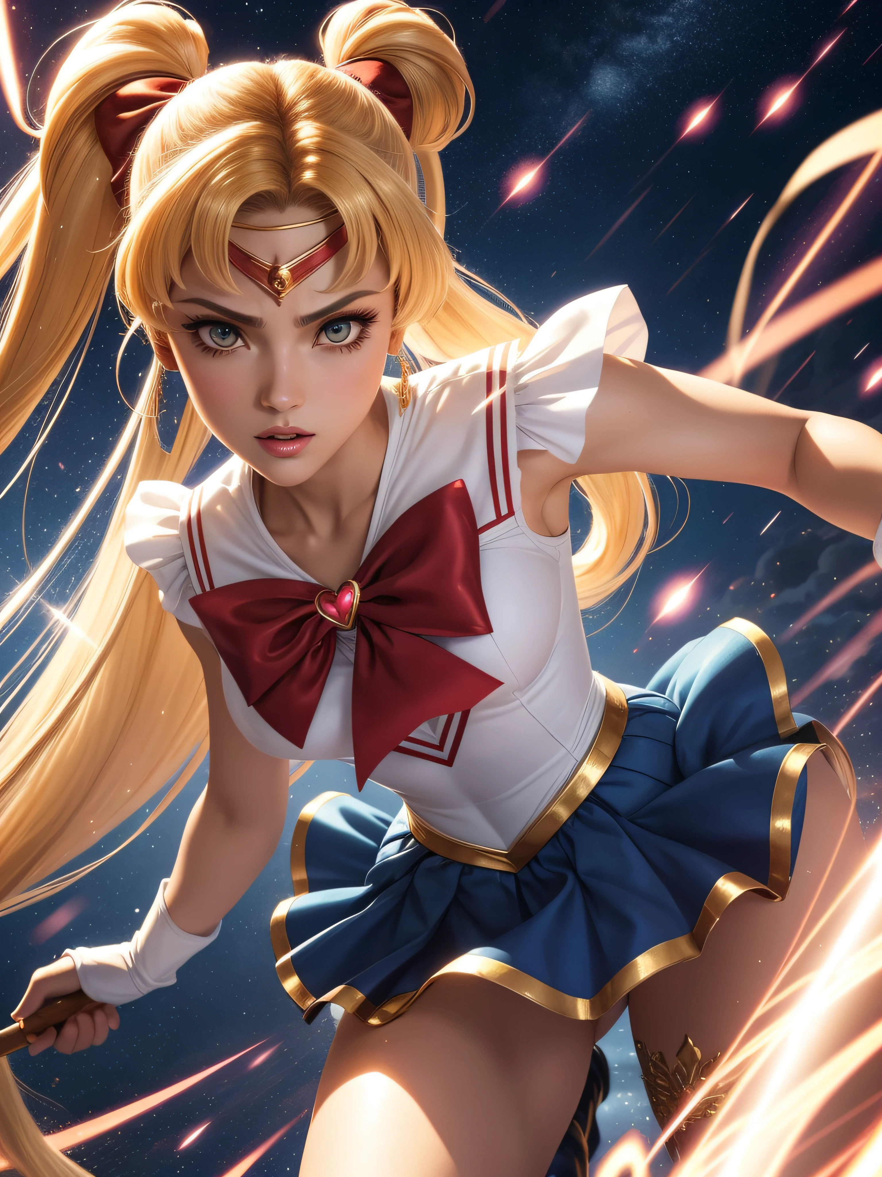 Arti modern anime. angled view, closeup action portrait beautiful mature "Sailor moon" as an mature 30 year old adult lady, fighting a shadow monster, rough battle fight scene, long golden blonde pigtails, magic transforming scene, holding a magical and powerful heart sceptre, leaning forward, slim body, highly ornamented and detailed "glitter crystal clothing details", ("blue skirt"), ("red chest bow"), ("white gloves"), angle, "knee high heel boots", depth of field blur effect, night, photorealistic. cinematic lighting, highly detailed. best quality, 4k, Better hand, perfect anatomy, aggressive coy flirty focused expression, flat chested, highly ornamented clothing, fight battle pose, surrounded by star dust sparkling around her, red ribbons spinning around body, bright light from forehead, stars in the background, bend knees, magic powerful light glowing from body, magical ribbons, turning, face sitting angle, stepping, in Tokyo city as a battlefield war zone