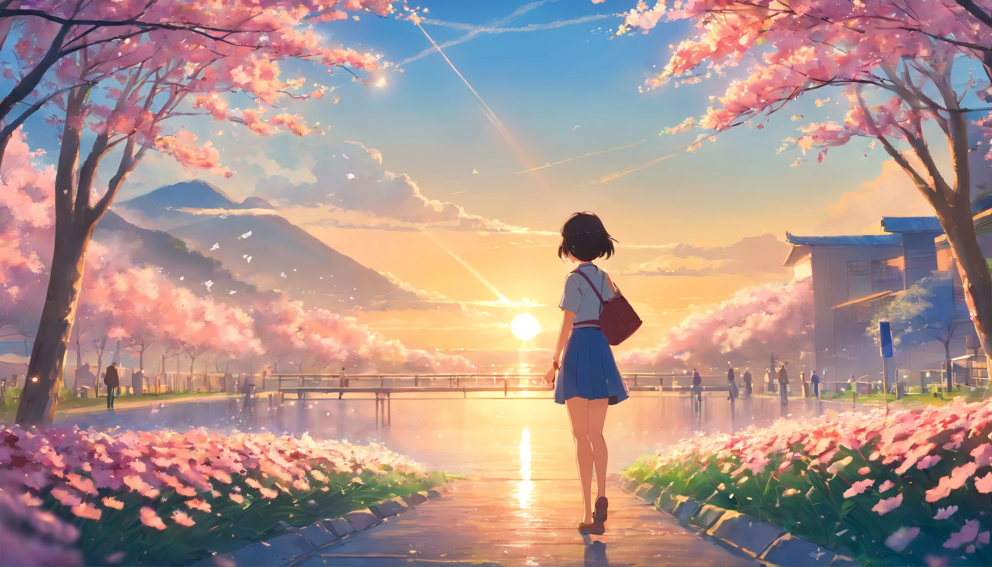 masterpice, (Best quality), ((best detail)), Depth of field, A beautiful girl, Beautiful face, Nature, Spirit, Blossom, colorful landscapes, Flowers, butterflys, Glowing student skirt, element in