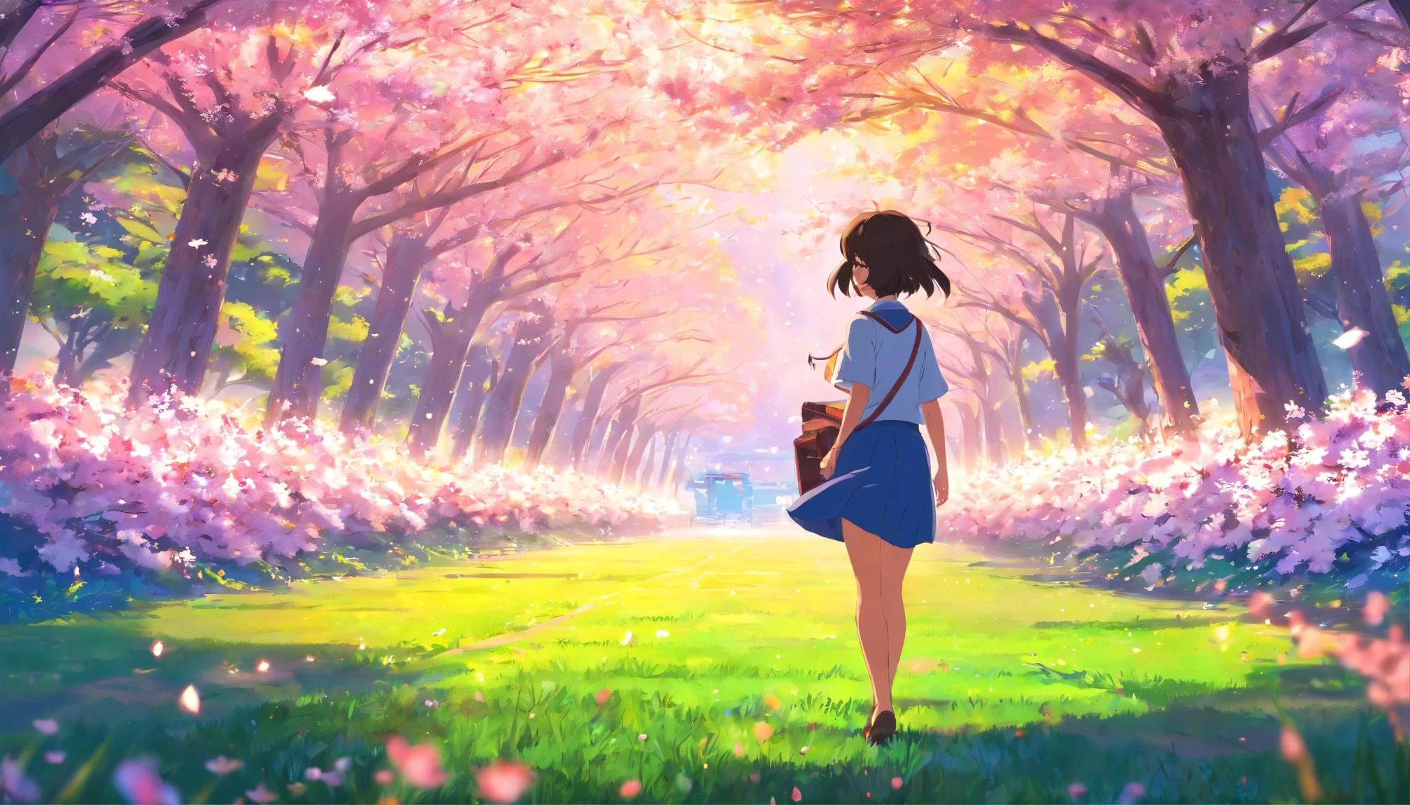 masterpice, (Best quality), ((best detail)), Depth of field, A beautiful girl, Beautiful face, Nature, Spirit, Blossom, colorful landscapes, Flowers, butterflys, Glowing student skirt, element in