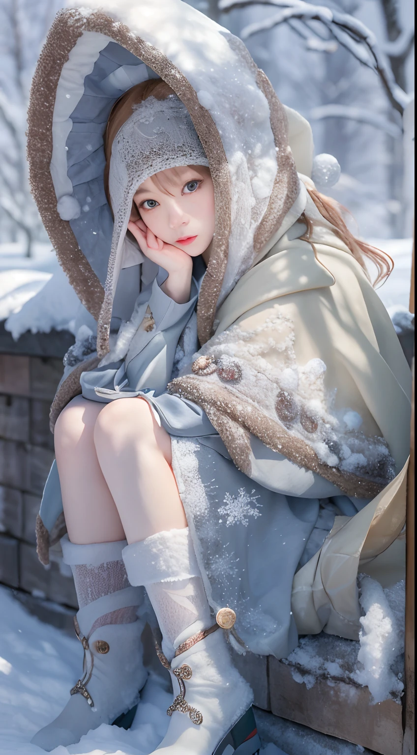 ((Works of masters))，(超高分辨率)，1 girl, Sitting, Lolita costume，Cloak (Snow, Outdoor activities in winter:1.2),Outside the castle，8K，Detailed details，mirth，