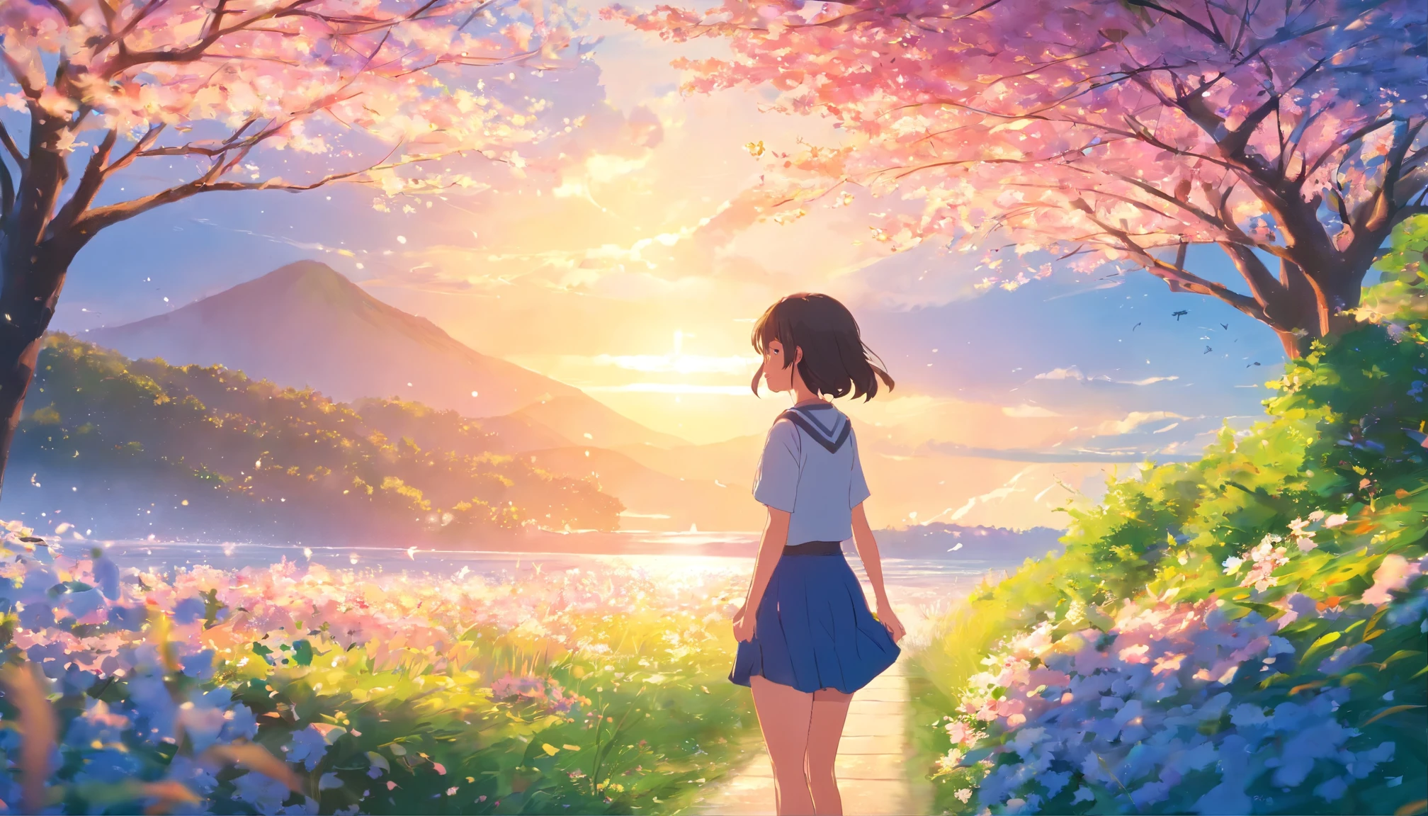 masterpice, (Best quality), ((best detail)), Depth of field, A beautiful girl, Beautiful face, Nature, Spirit, Blossom, colorful landscapes, Flowers, butterflys, Glowing student skirt, element in