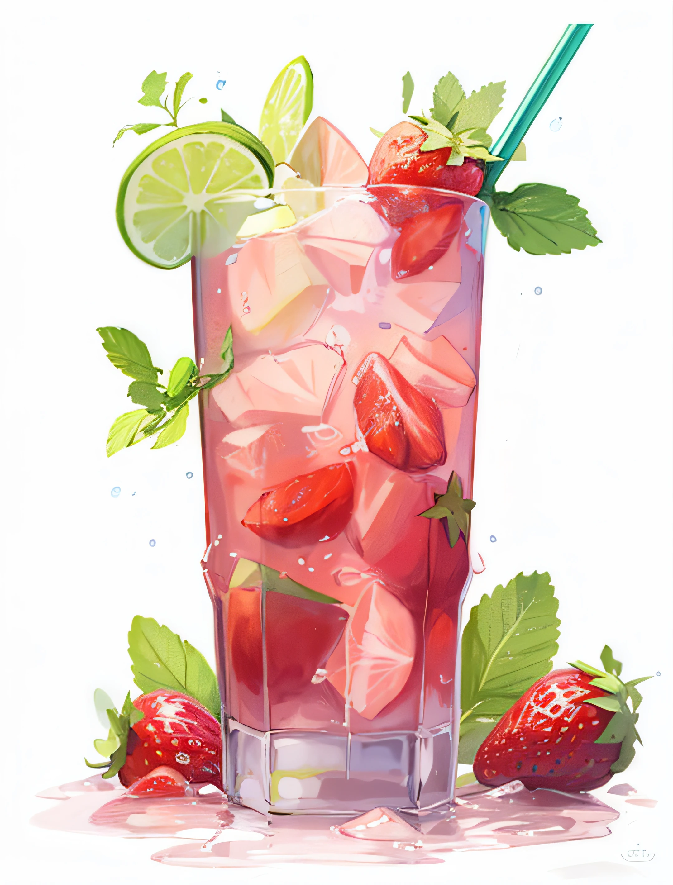 A painting of a strawberry mojitta with limes and strawberries, full-colour illustration, high detail illustration, Higher detailed illustration, full color digital illustration, a digital rendering, Highly detailed illustration.”, Highly detailed illustration, photorealistic illustration, made with illustrator, rendered illustration, high detail illustration, Ultra-Realistic Illustrations, Amazing food illustration, Commercial illustration, Realistic illustration