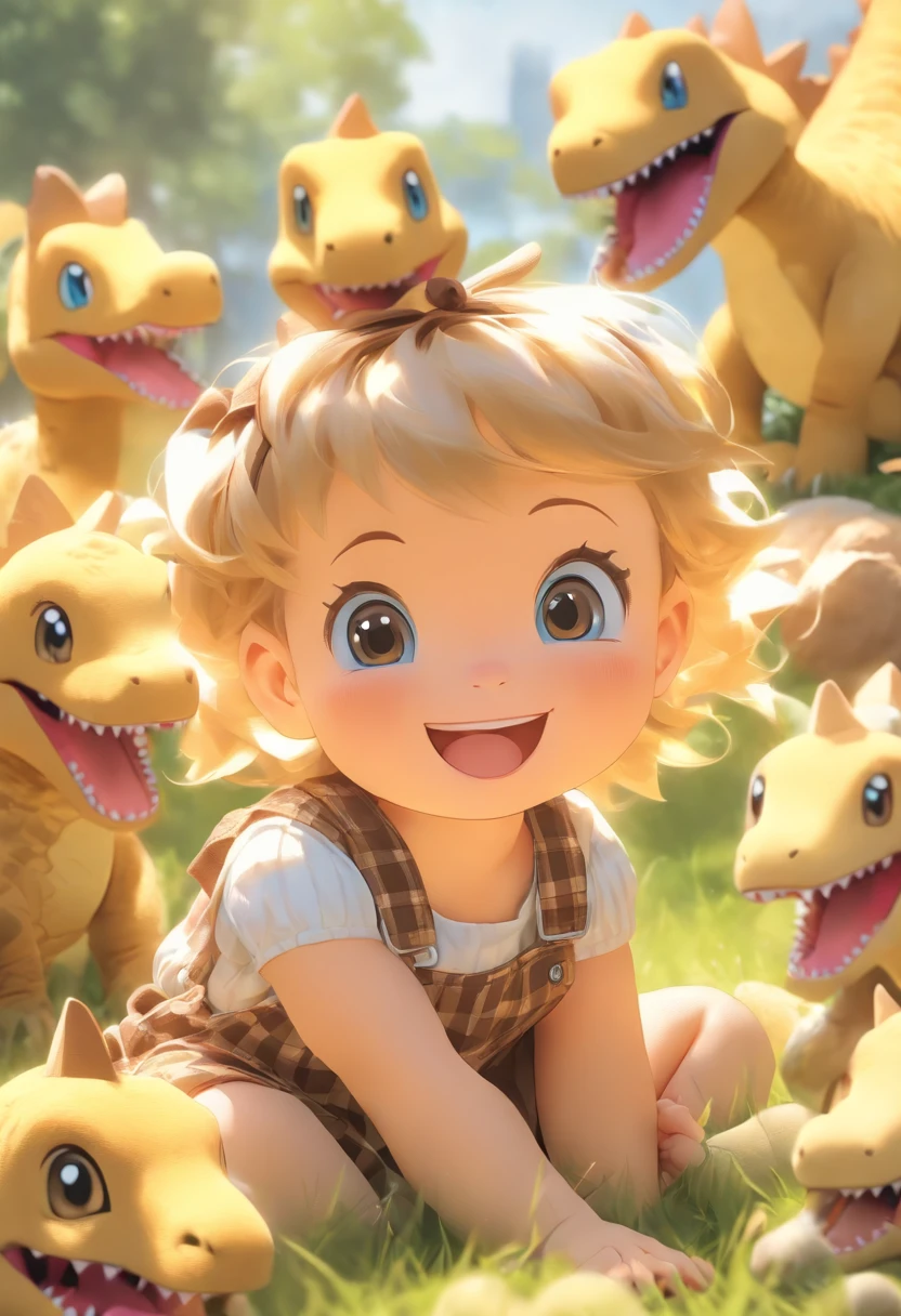 Baby girl, doll face, blue eyes, blond short straight hair, naughty smile, seated on the grass, in brown gingham overalls, light brown hair band, reaching the viewer with her finger, with a plush yellow toy dinosaur between her legs