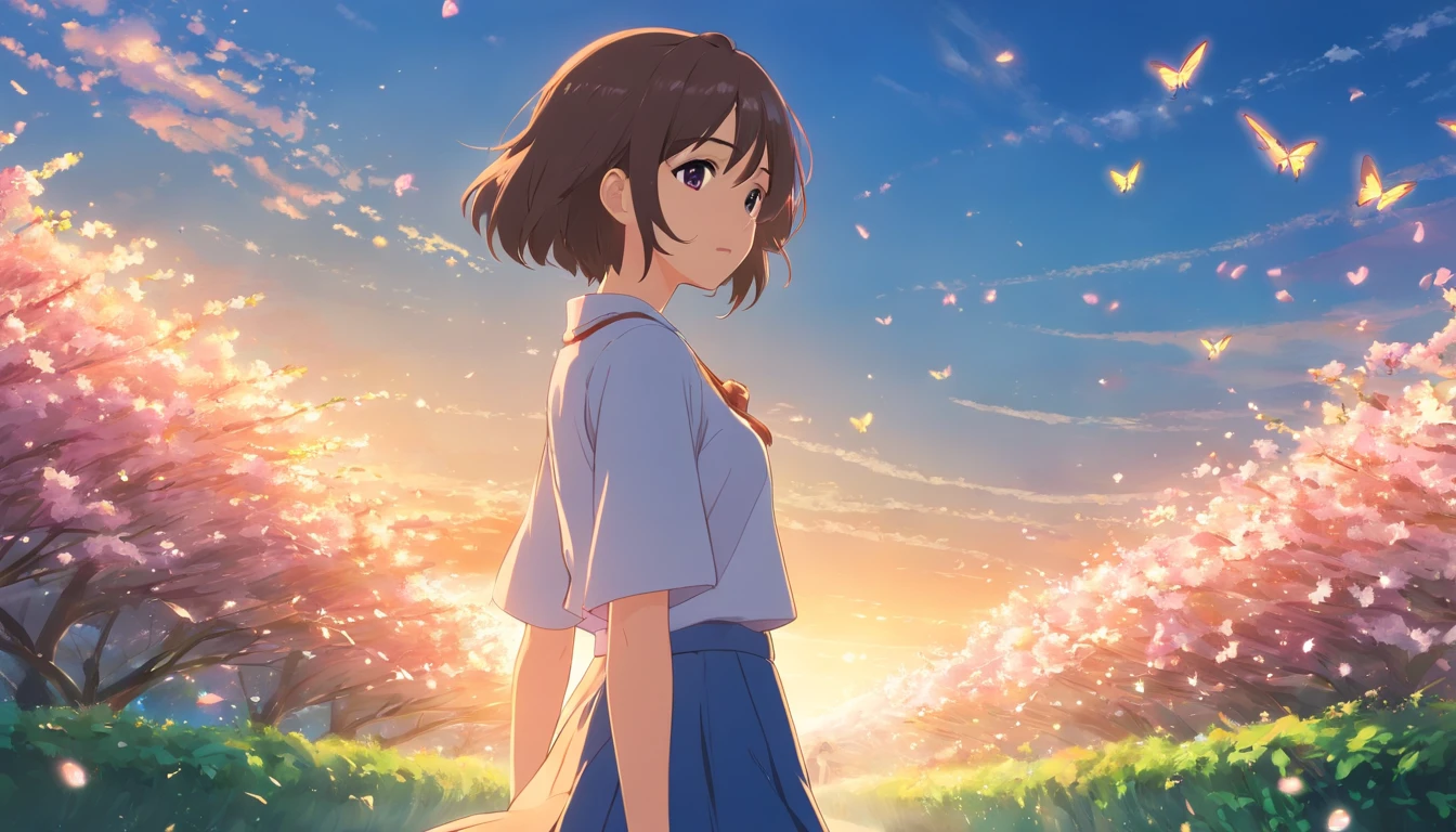 masterpice, (Best quality), ((best detail)), Depth of field, A beautiful girl, Beautiful face, Nature, Spirit, Blossom, colorful landscapes, Flowers, butterflys, Glowing student skirt, element in