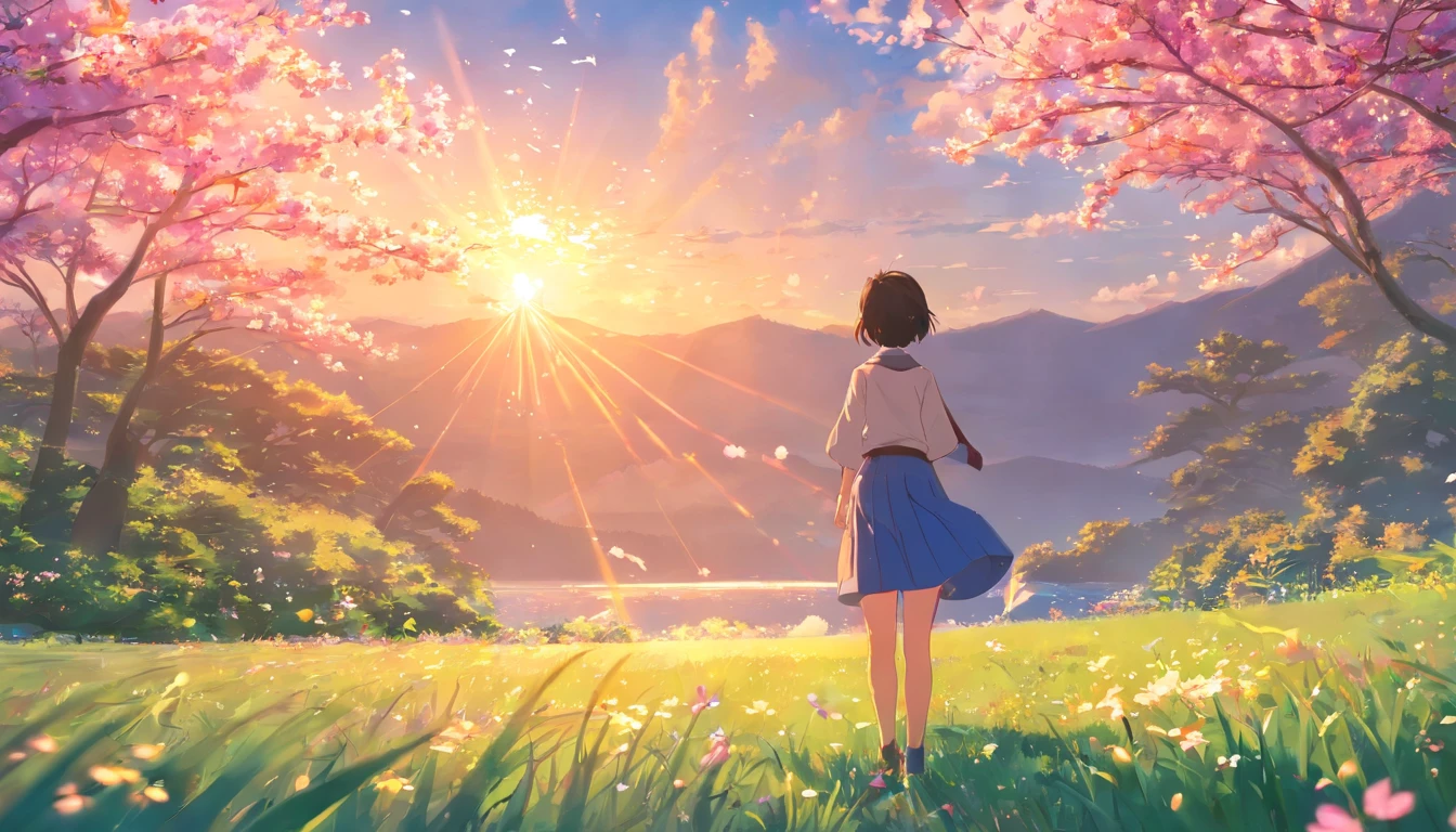 masterpice, (Best quality), ((best detail)), Depth of field, A beautiful girl, Beautiful face, Nature, Spirit, Blossom, colorful landscapes, Flowers, butterflys, Glowing student skirt, element in
