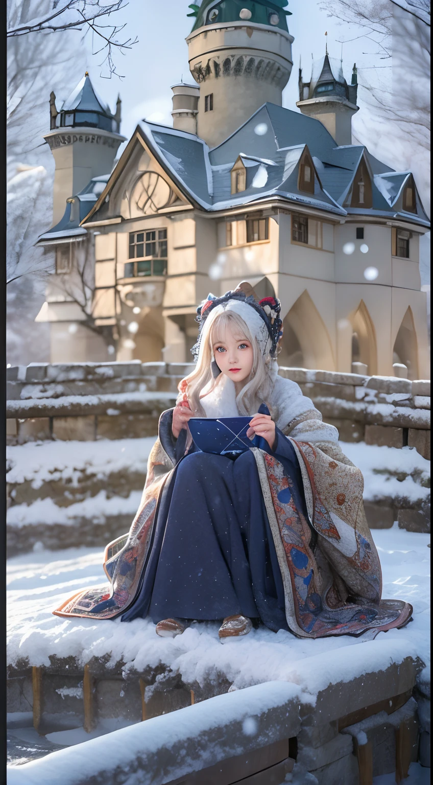 ((Works of masters))，(超高分辨率)，1 girl, Sitting, Lolita costume，Cloak (Snow, Outdoor activities in winter:1.2),Outside the castle，8K，Detailed details，mirth，