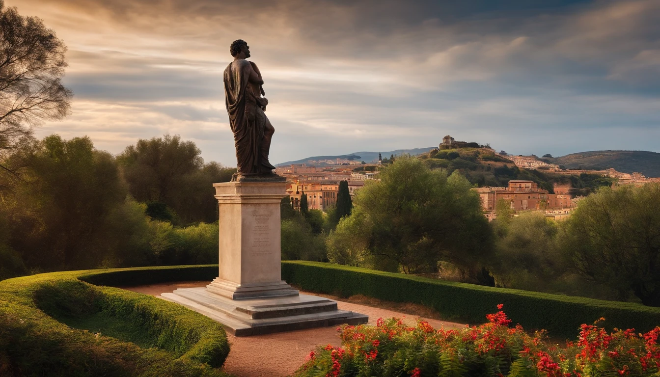 estatua grega, no modelo roma antiga, estatua de heroi pensador, ao fundo uma paisagem moderna
