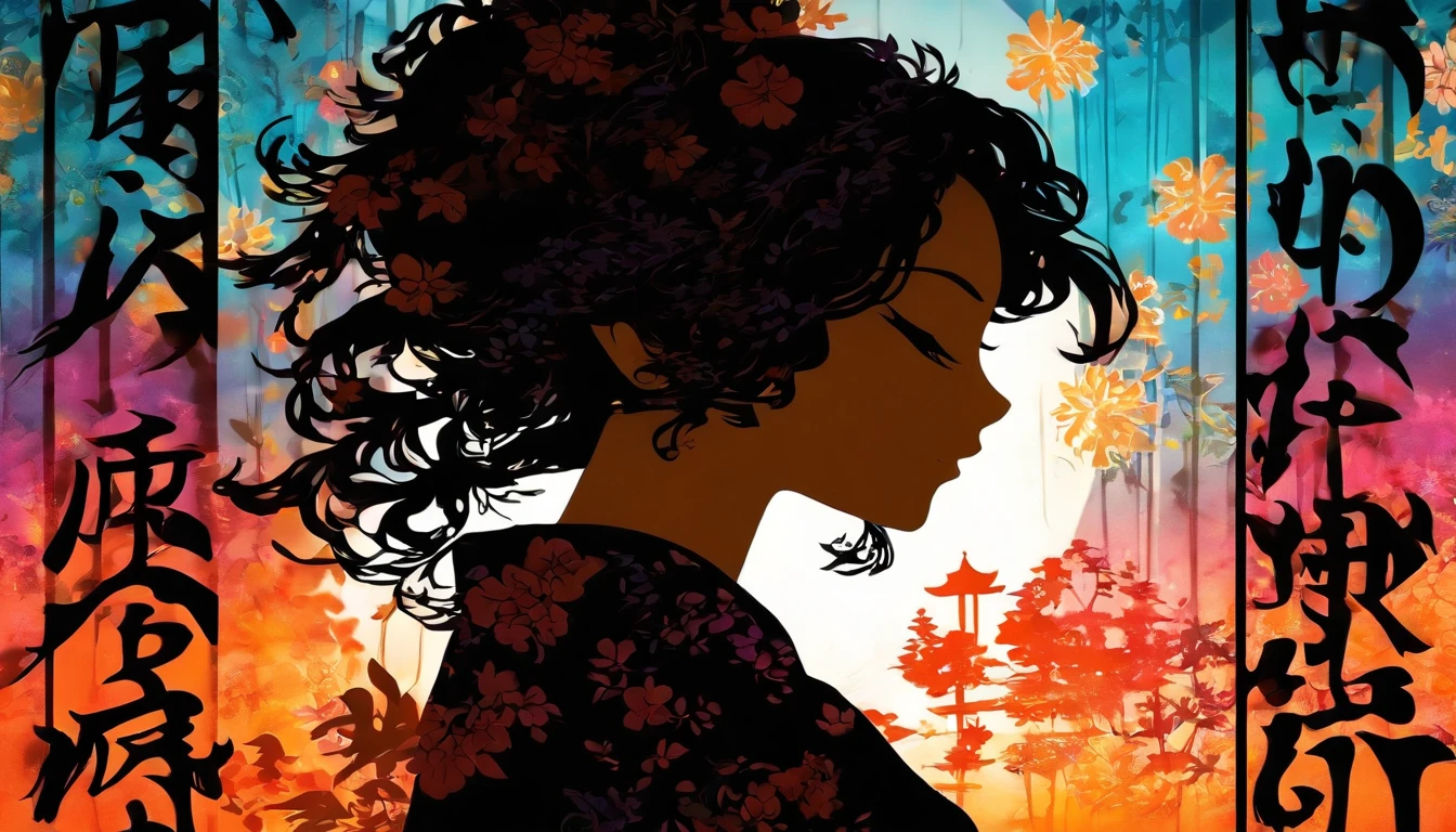 (Silhouette Art,cutouts:1.6)
(((Paper cutting art,A world where only black exists:1.3)
(Cowboy Shot),1 girl,Solo,
(Kimono Girl,profile:1.2),white, Clear and beautiful face,
BREAK
(Lots of kanji)
Textured glass background,